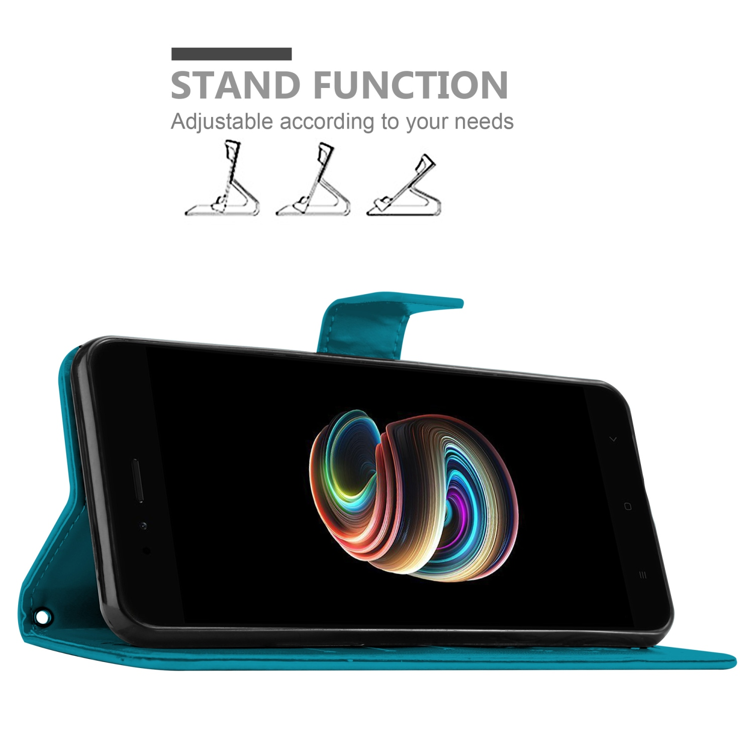 Una custodia per telefono verde acqua con funzione stand e un telefono che mostra un design colorato.