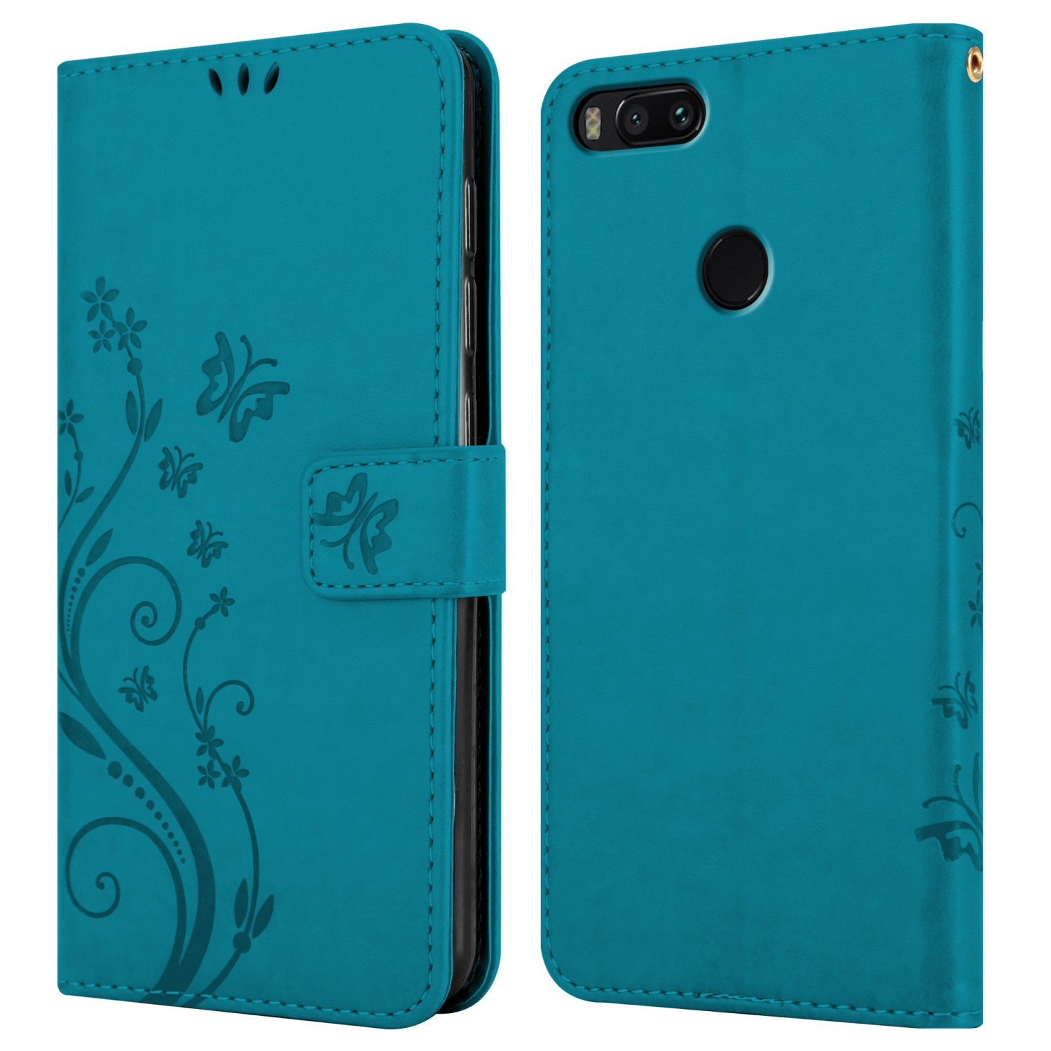 Una custodia per telefono turchese con un design floreale e chiusura magnetica, mostrata aperta e chiusa.