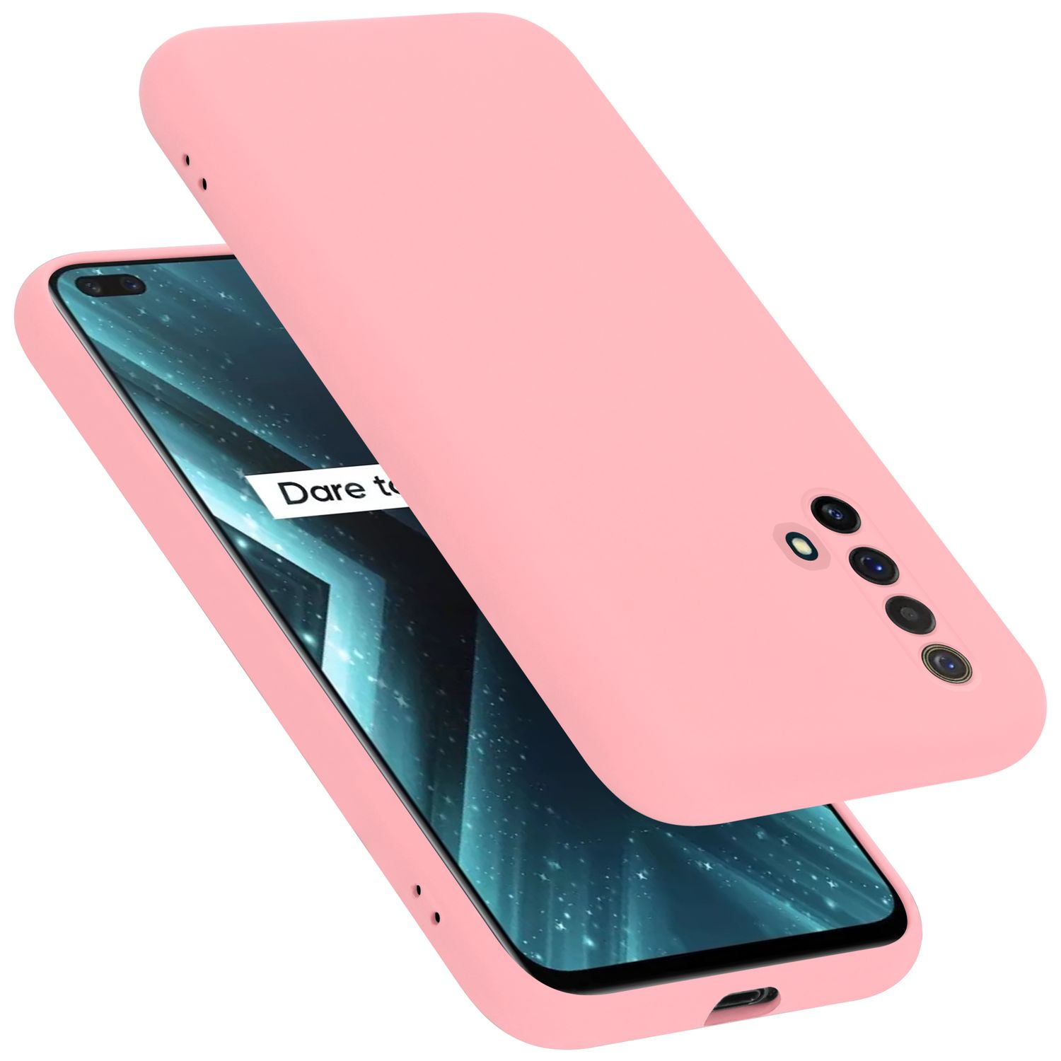 Rosa Handyhülle mit Telefon. Handyhülle über dem Telefon. Das Telefon ist rosa und hat 'Dare to'.