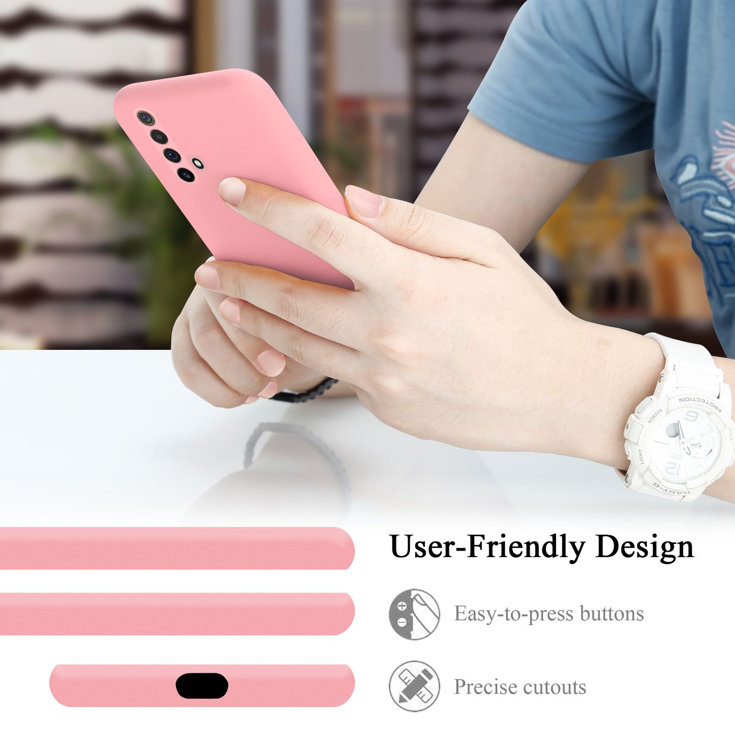 Rosa Telefon in Händen. Weiße Uhr am Handgelenk. Benutzerfreundliche Design-Infos.