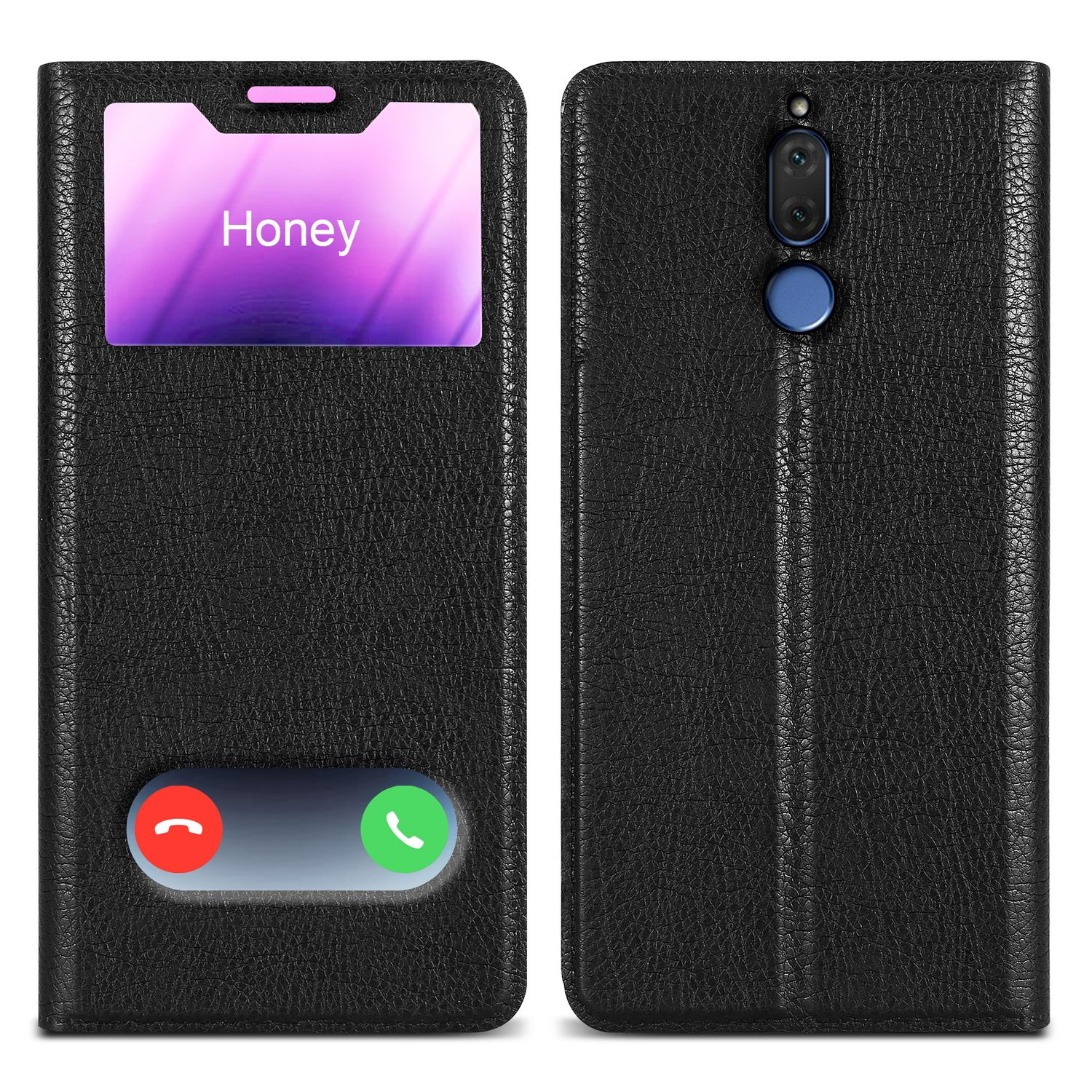 Custodia nera aperta per mostrare il display del telefono. Il telefono mostra del testo. La custodia ha una copertura.