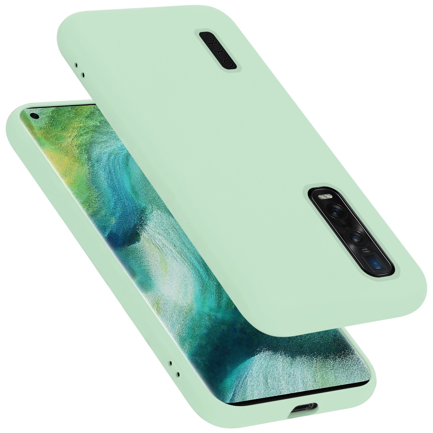 Grüne Handyhülle mit Handy innen. Die Hülle ist offen. Das Handy hat einen grünen Hintergrund.