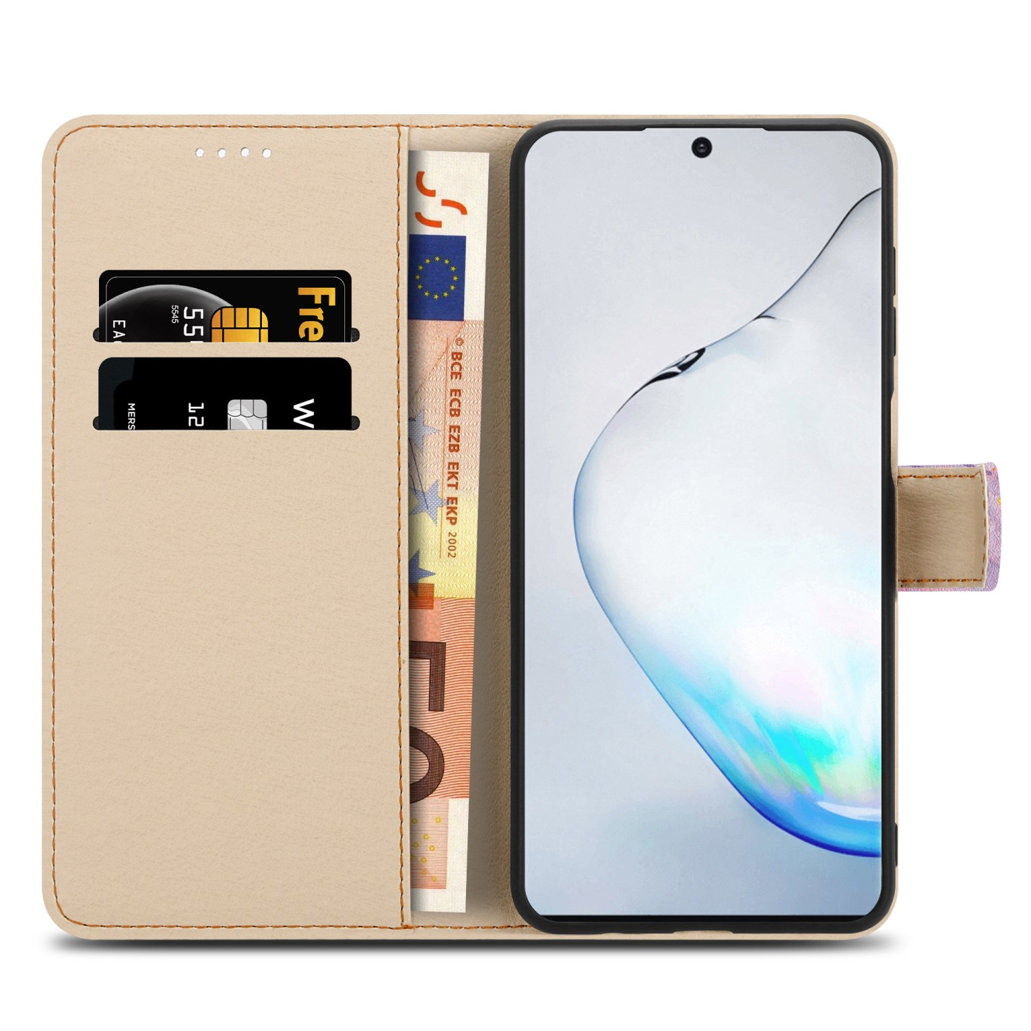 Custodia a portafoglio beige per telefono con carte, euro e smartphone su sfondo bianco.