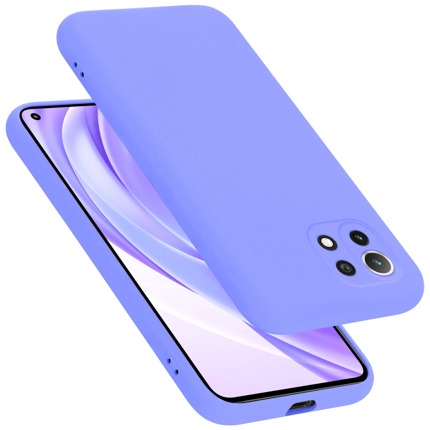 Eine lila Handyhülle mit einem Telefon. Hülle und Telefon sind sichtbar. Die Handyhülle ist in der Luft.