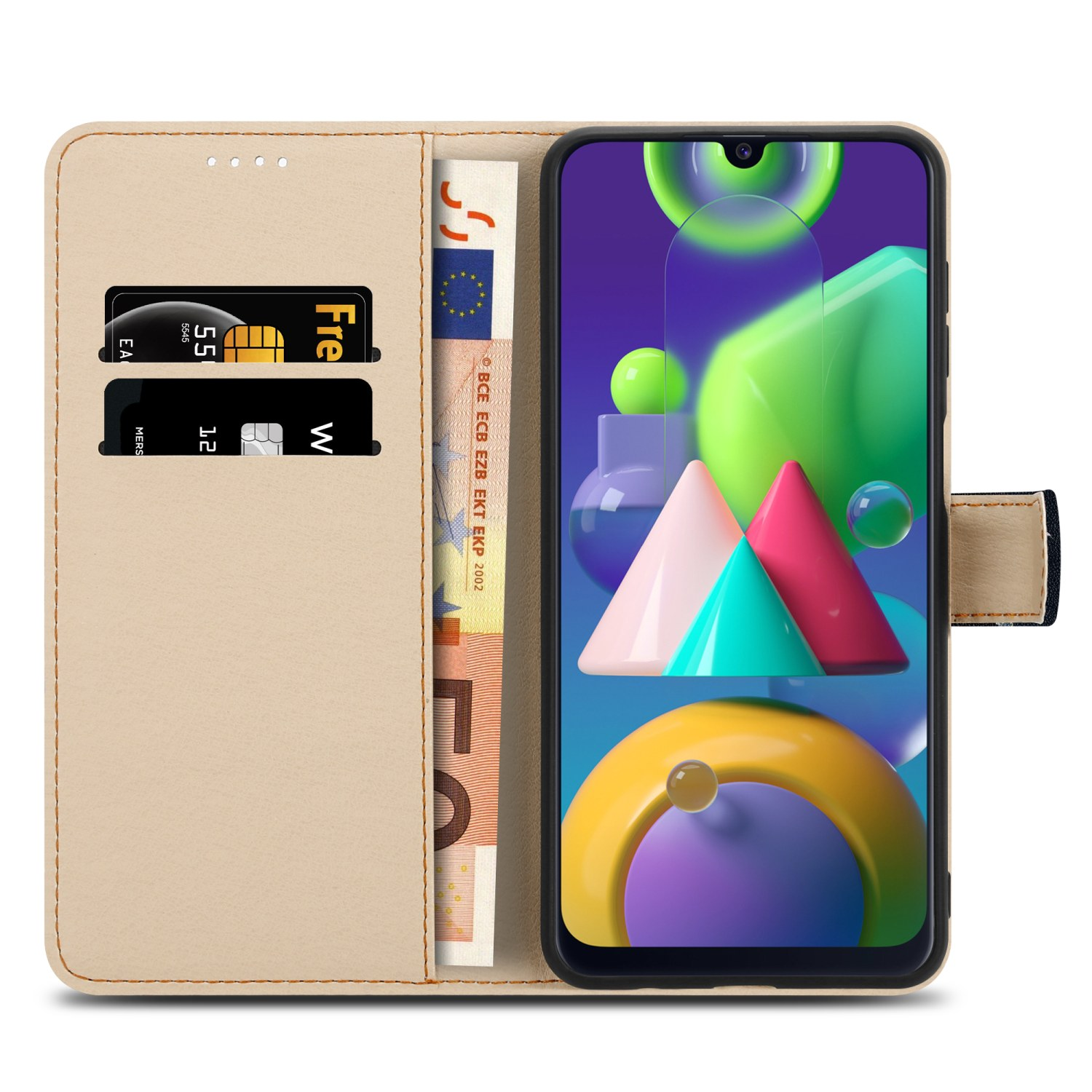 Portafoglio beige aperto, mostra carte e telefono con arte astratta.
