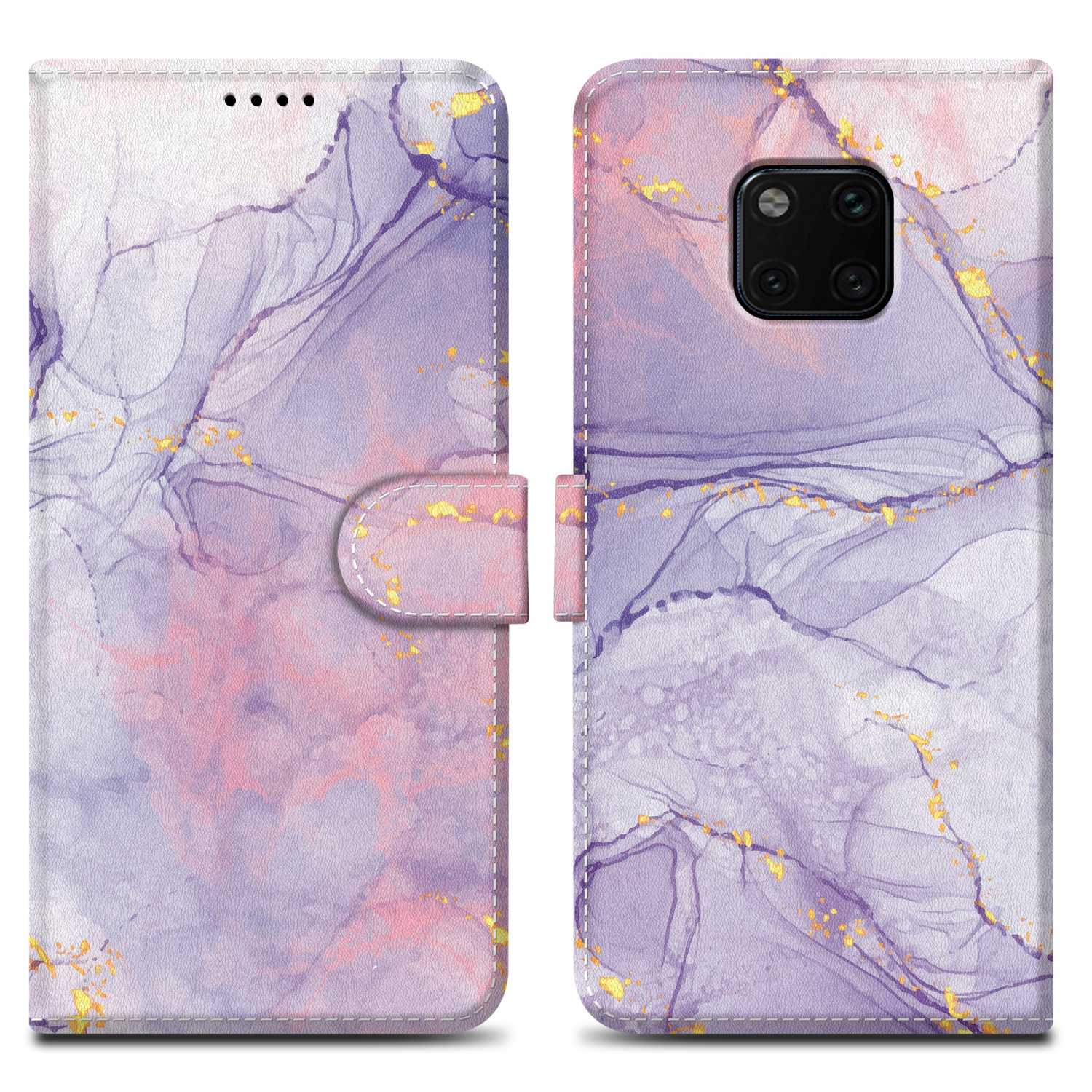 Coque de téléphone violette et rose avec coutures blanches. Accents dorés. Ouvert et fermé.