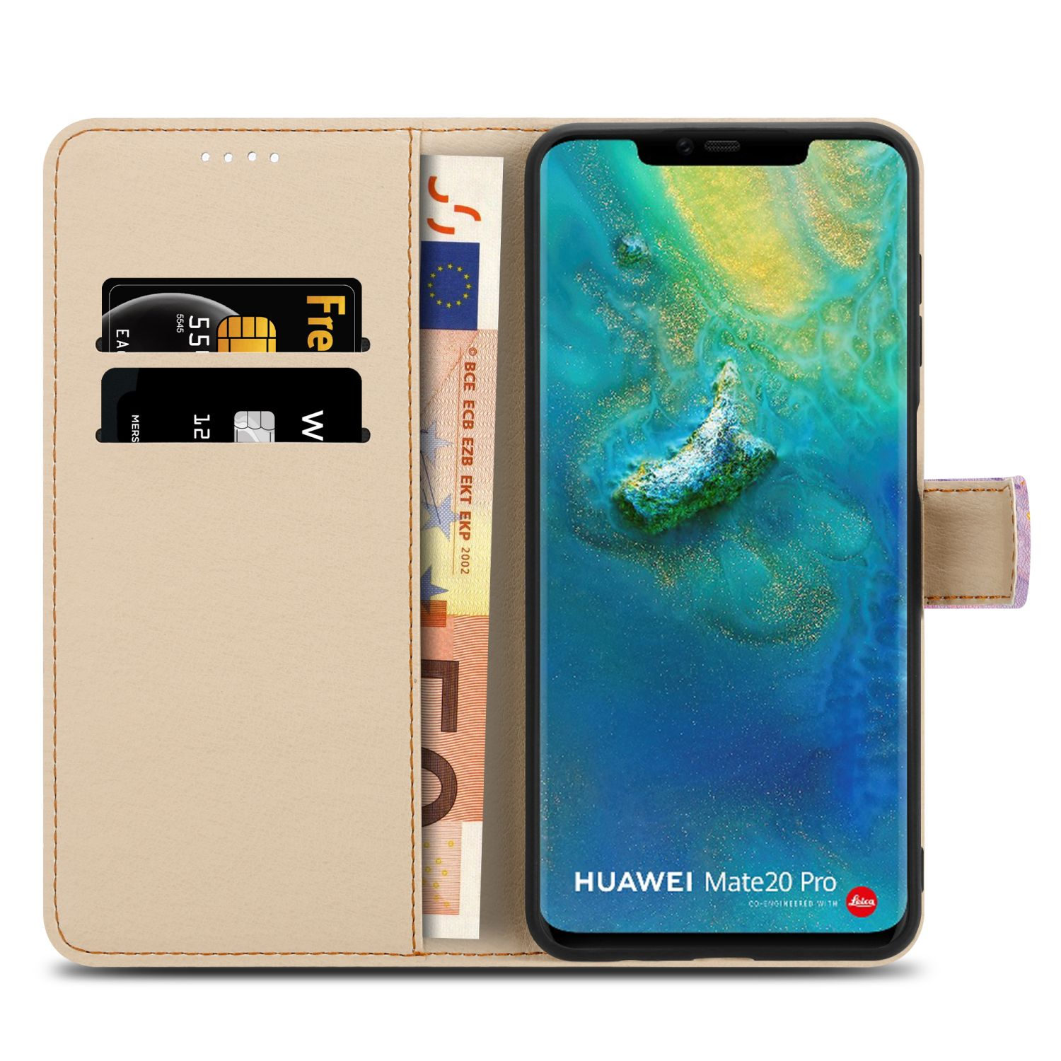 Eine beige Geldbörsenhülle mit einem Telefon und Geld darin. Kreditkarte und Telefonbildschirm sind sichtbar.