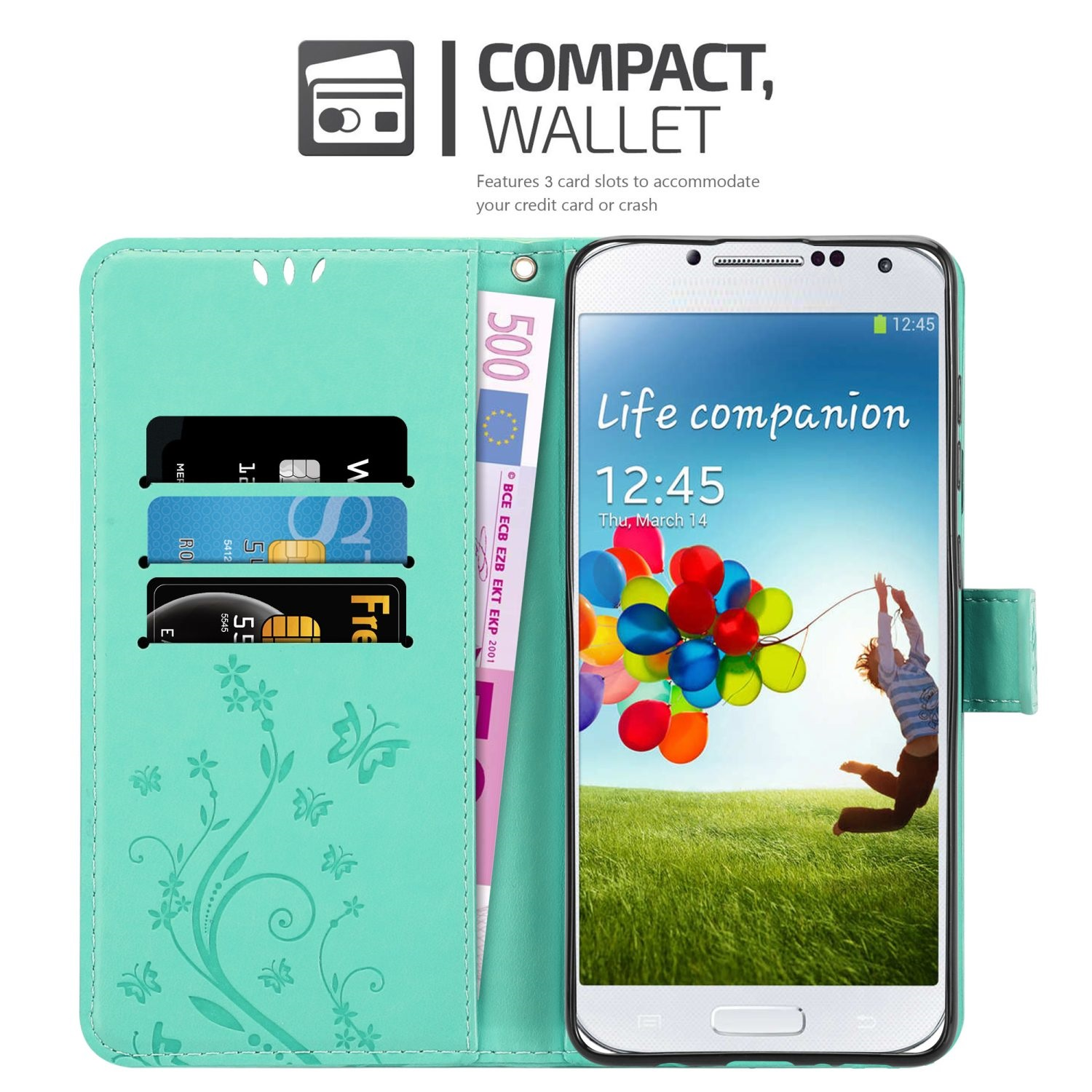 Una custodia per telefono con carte e un telefono. La custodia è aperta, mostrando un telefono con uno sfondo colorato.