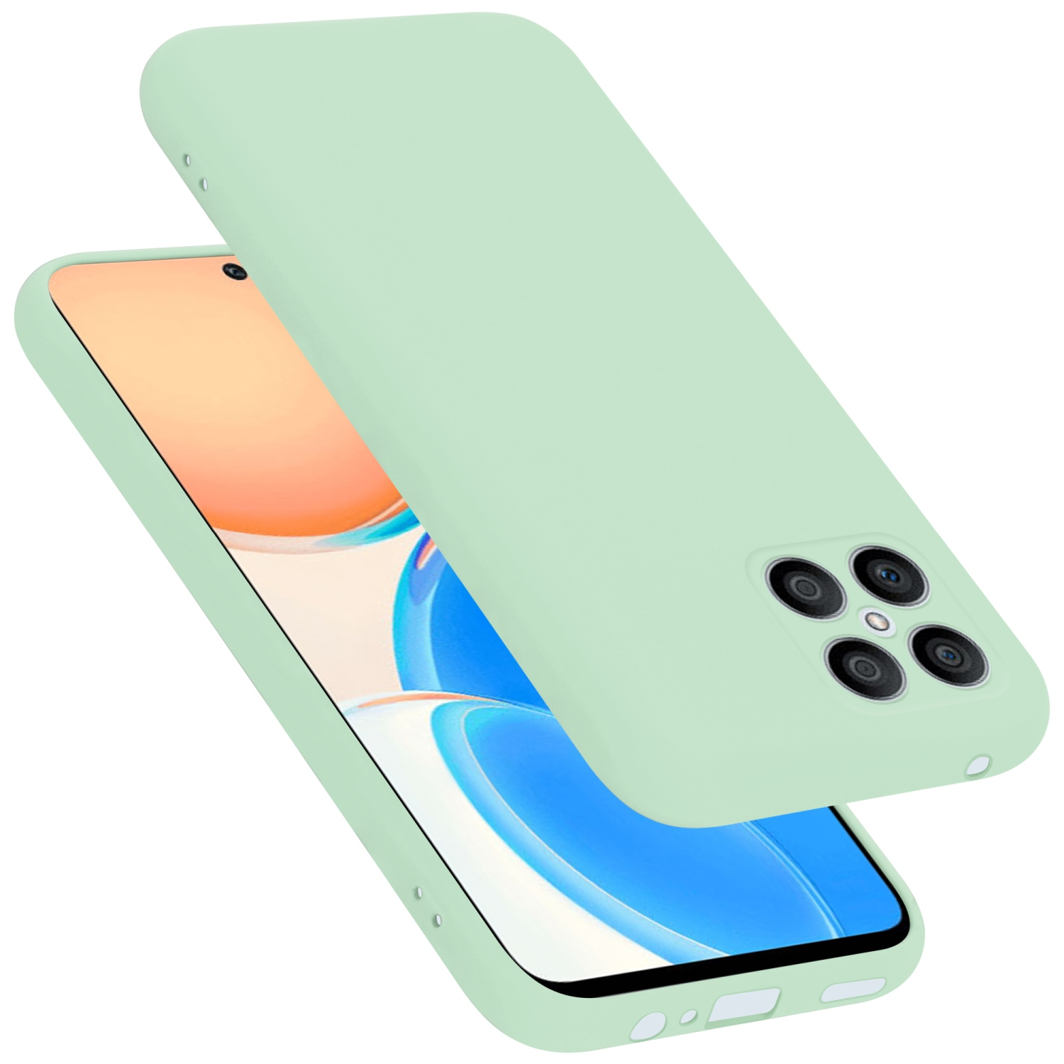 Minzgrünes Telefon und passende Hülle, angewinkelt. Der Bildschirm des Telefons ist sichtbar.