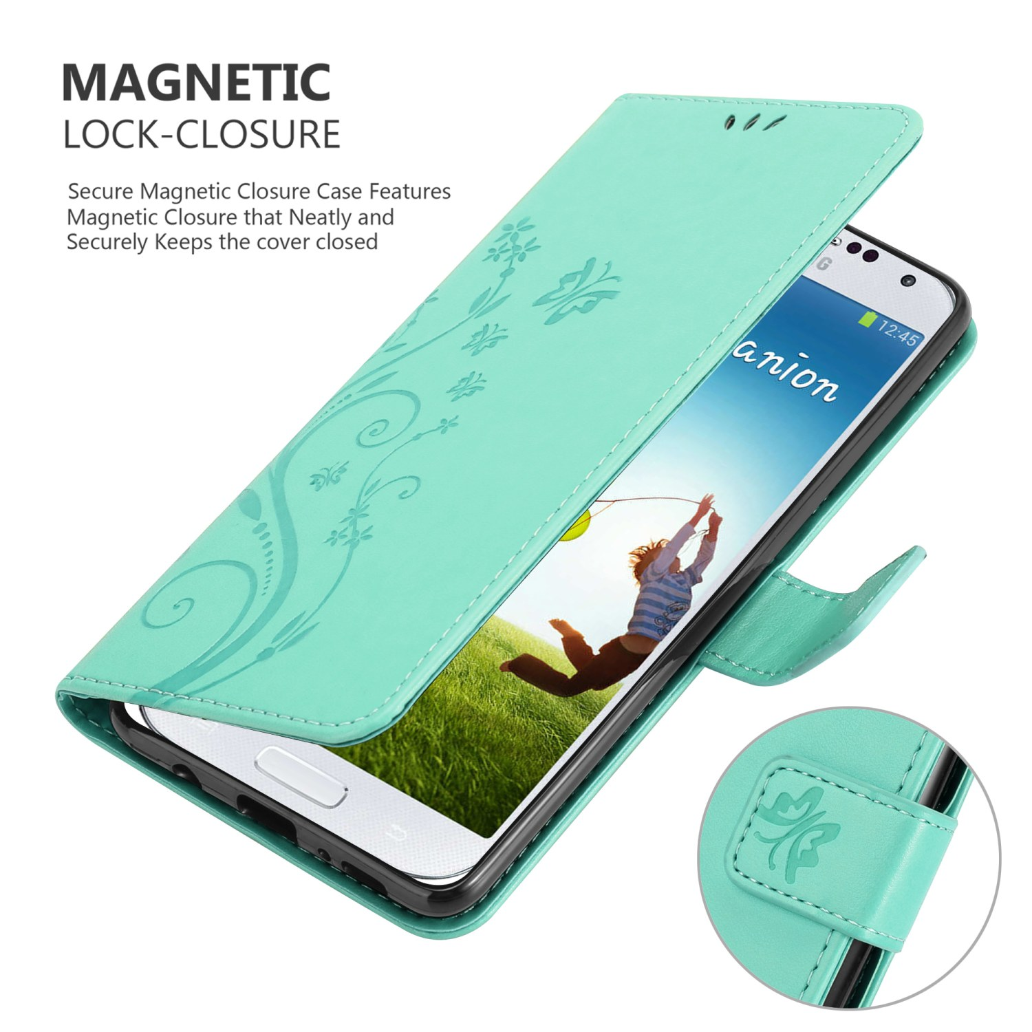 Custodia per telefono aperta con telefono all'interno, che mostra il design floreale e la chiusura magnetica.