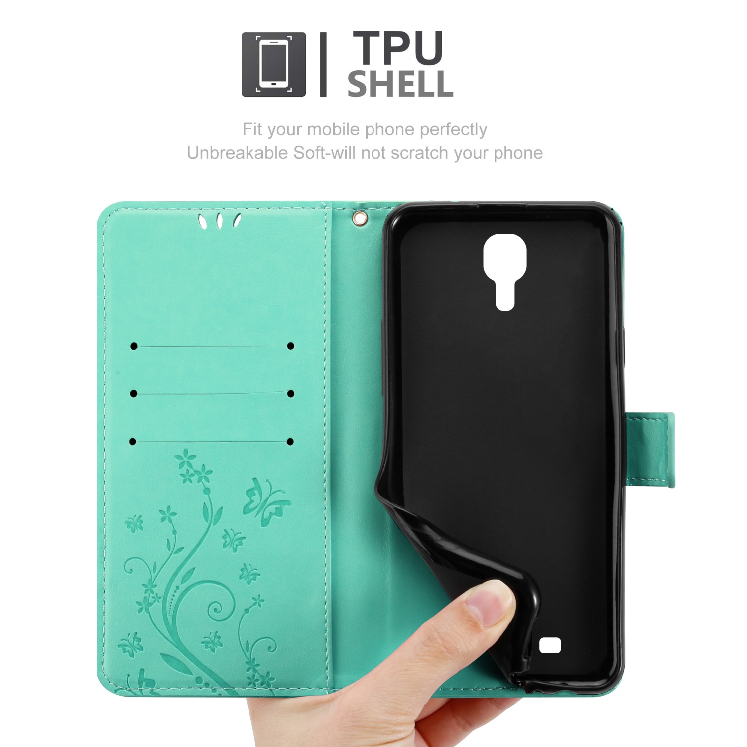 Custodia verde acqua, aperta per mostrare telefono nero, testo su TPU.