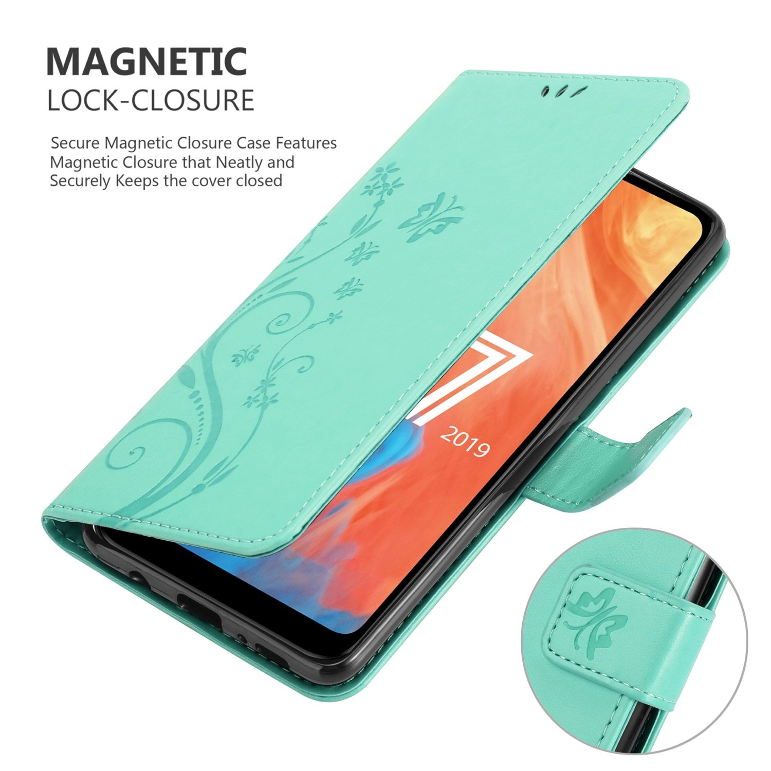 Eine türkisfarbene Handyhülle, geöffnet, um ein Telefon zu zeigen. Auf der Hülle befinden sich florale Designs.