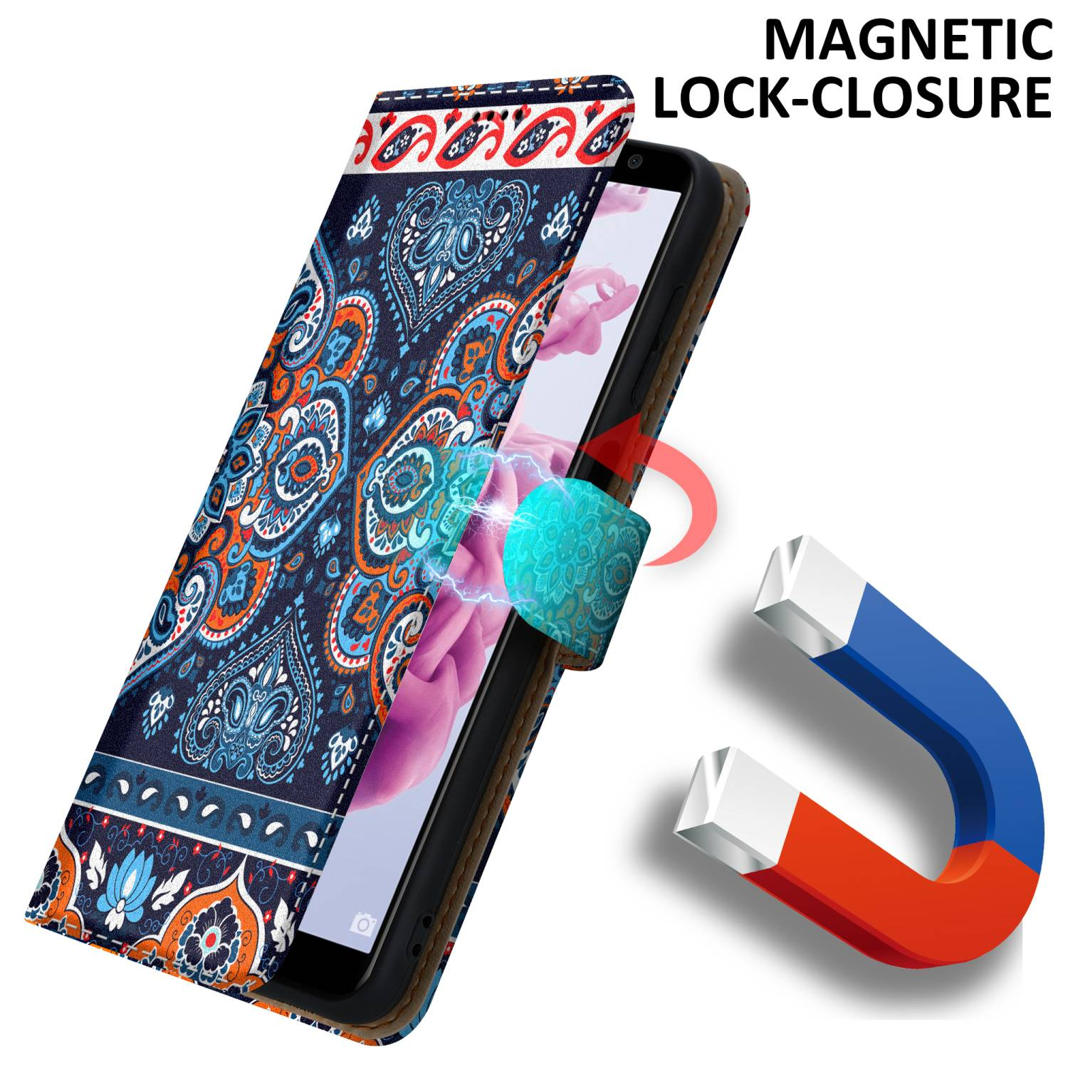 Étui de téléphone avec un motif floral. Un aimant sur le côté ferme l'étui.