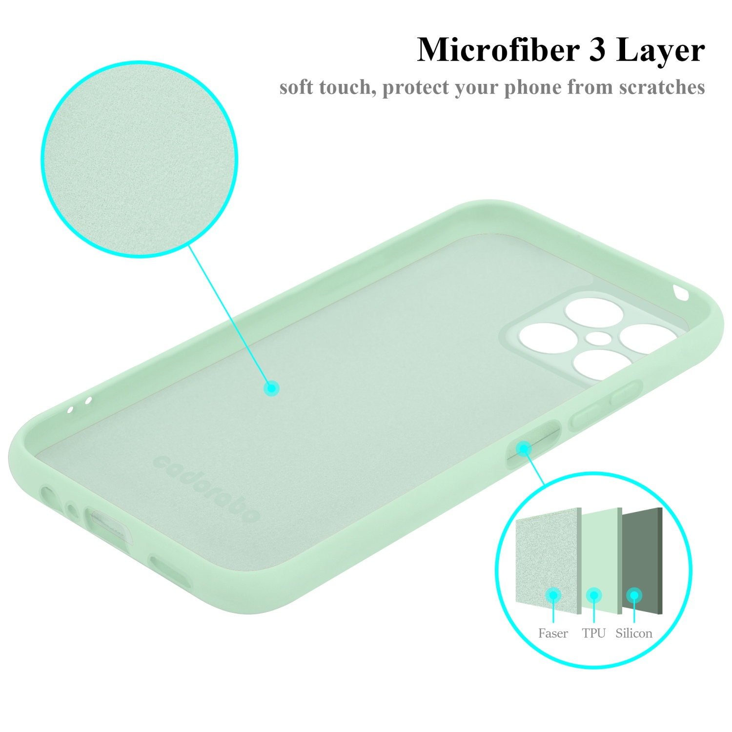 Minzgrüne Handyhülle mit Materialschichten. Die Schichten sind Faser, TPU und Silikon.
