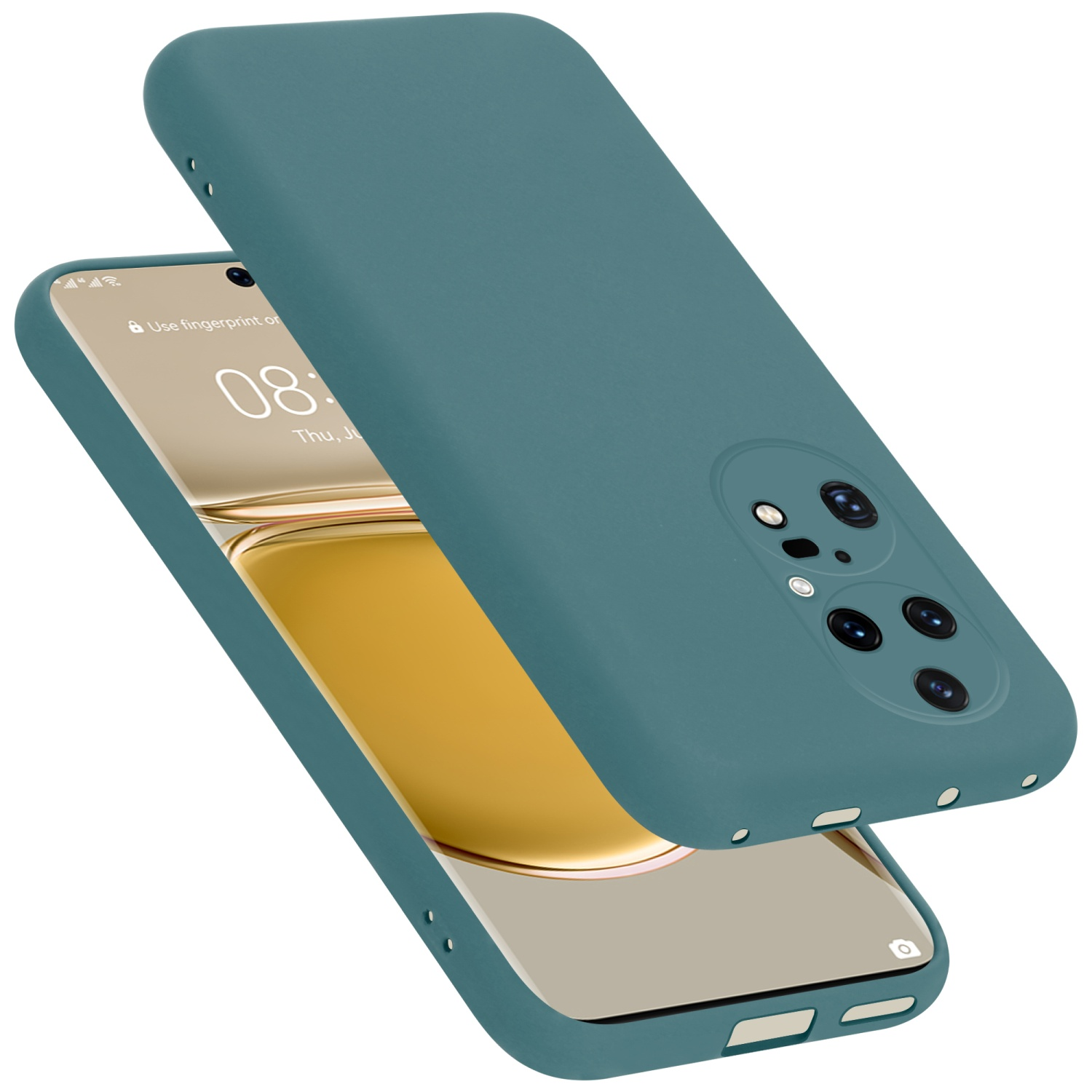 Eine tealfarbene Handyhülle mit einem Telefon. Hülle und Telefon sind sichtbar. Die Handyhülle ist in der Luft.
