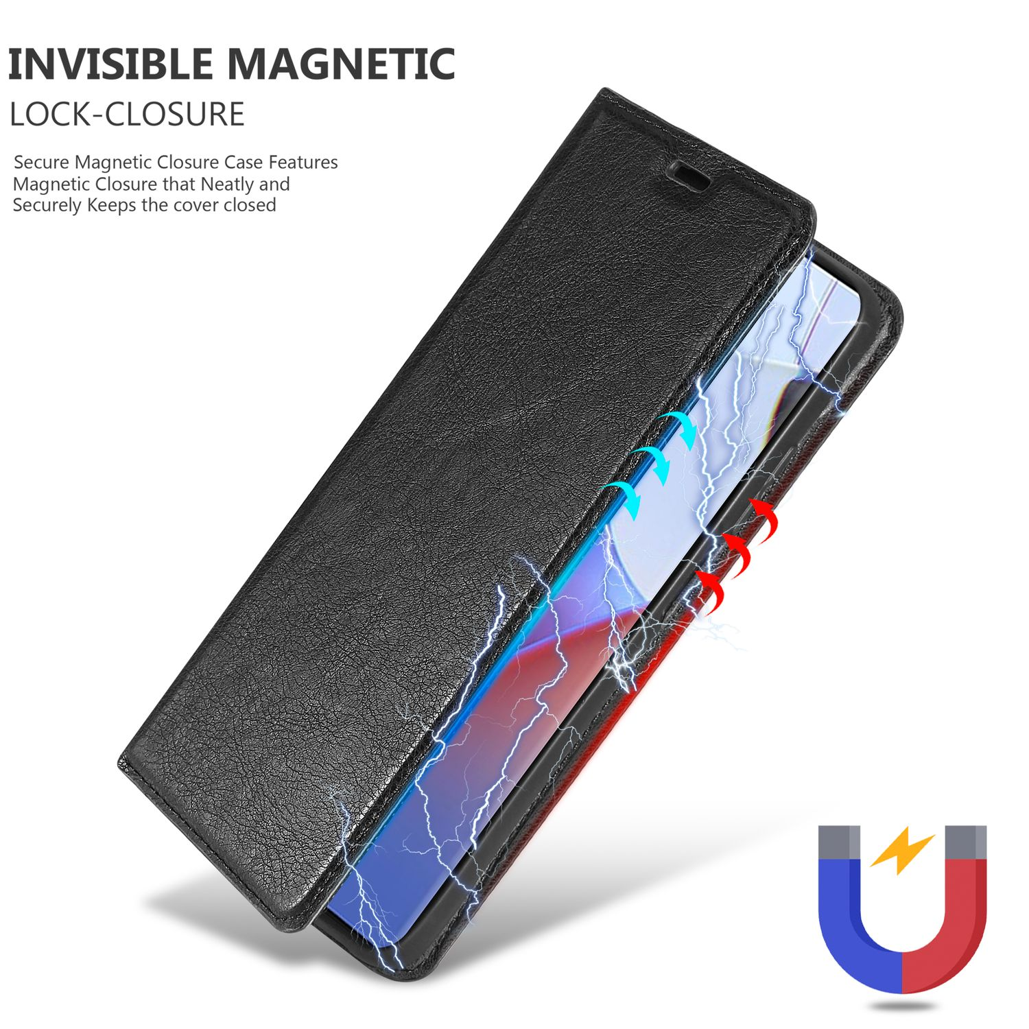 Custodia nera con chiusura magnetica. Telefono all'interno della custodia, effetto fulmine blu e un'icona calamita.