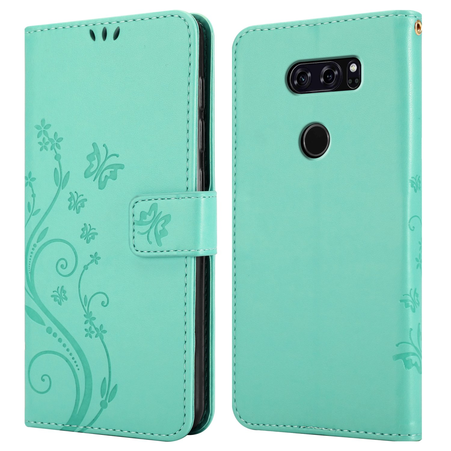 Eine türkisblaue Handyhülle, geöffnet, zeigt das Telefon und ein Blumendesign, mit Magnetverschluss.