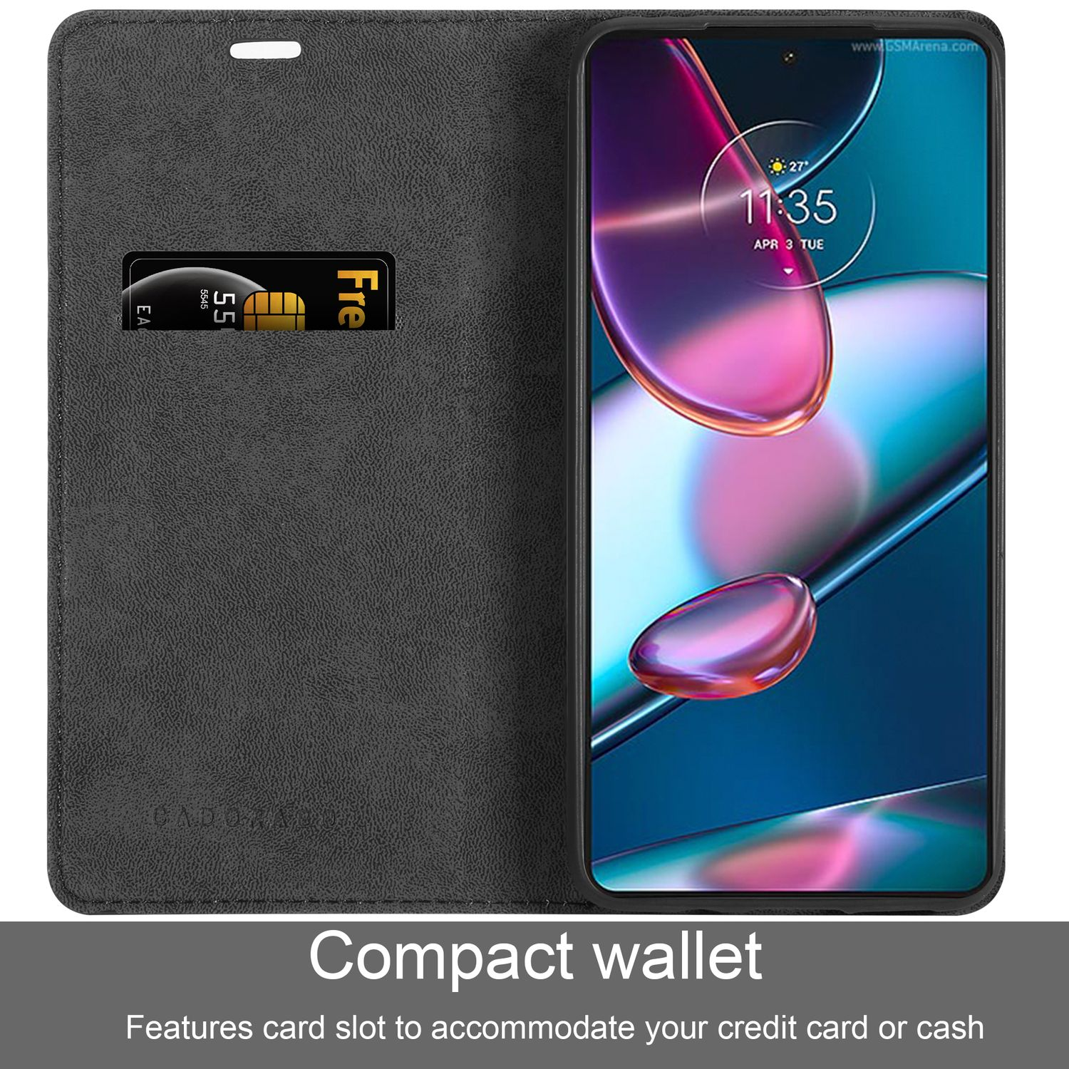 Custodia per telefono nera con fessura per carta di credito, telefono all'interno con ora visualizzata, sfondo nero.