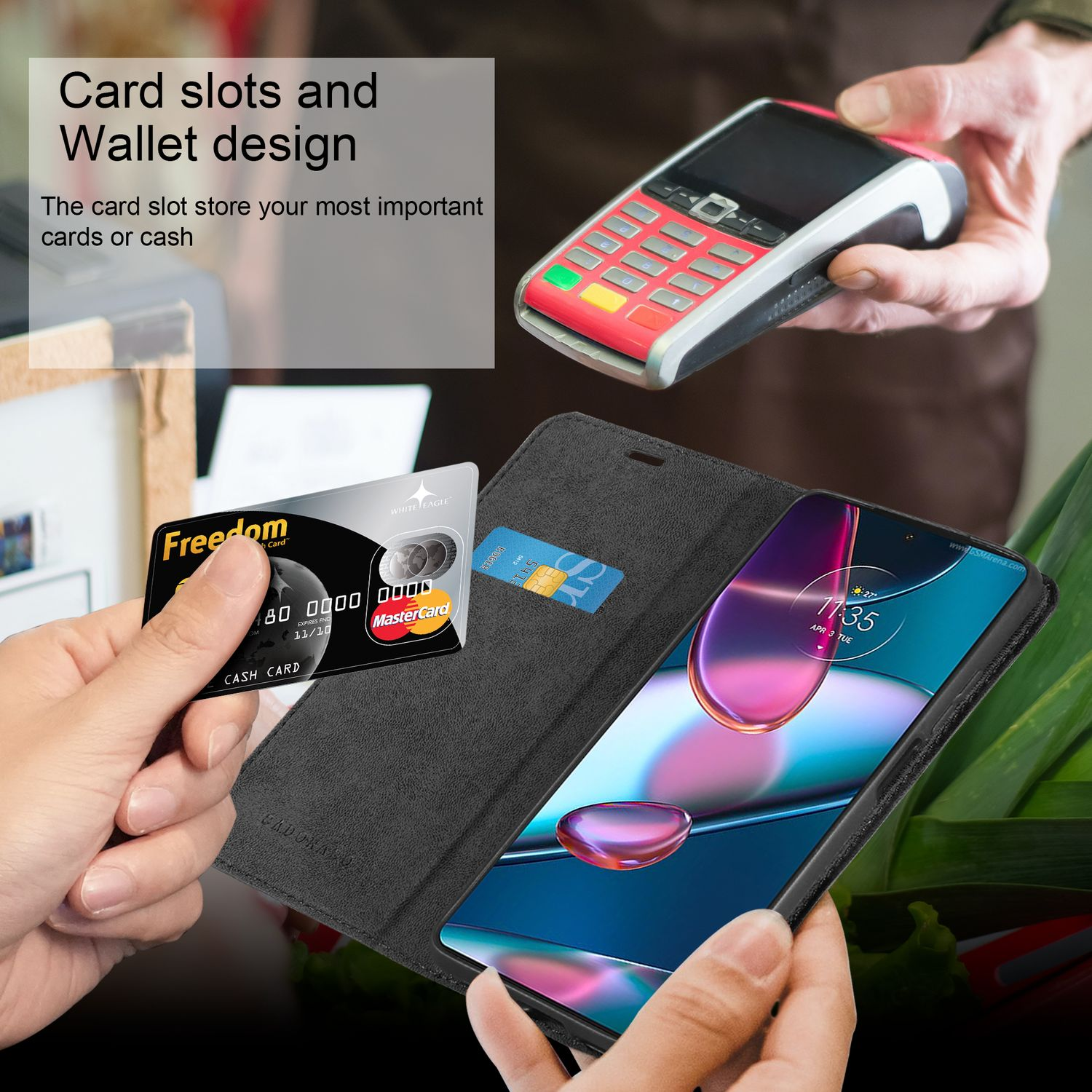 Custodia del telefono aperta. Ci sono slot per schede con una carta di credito e un telefono.