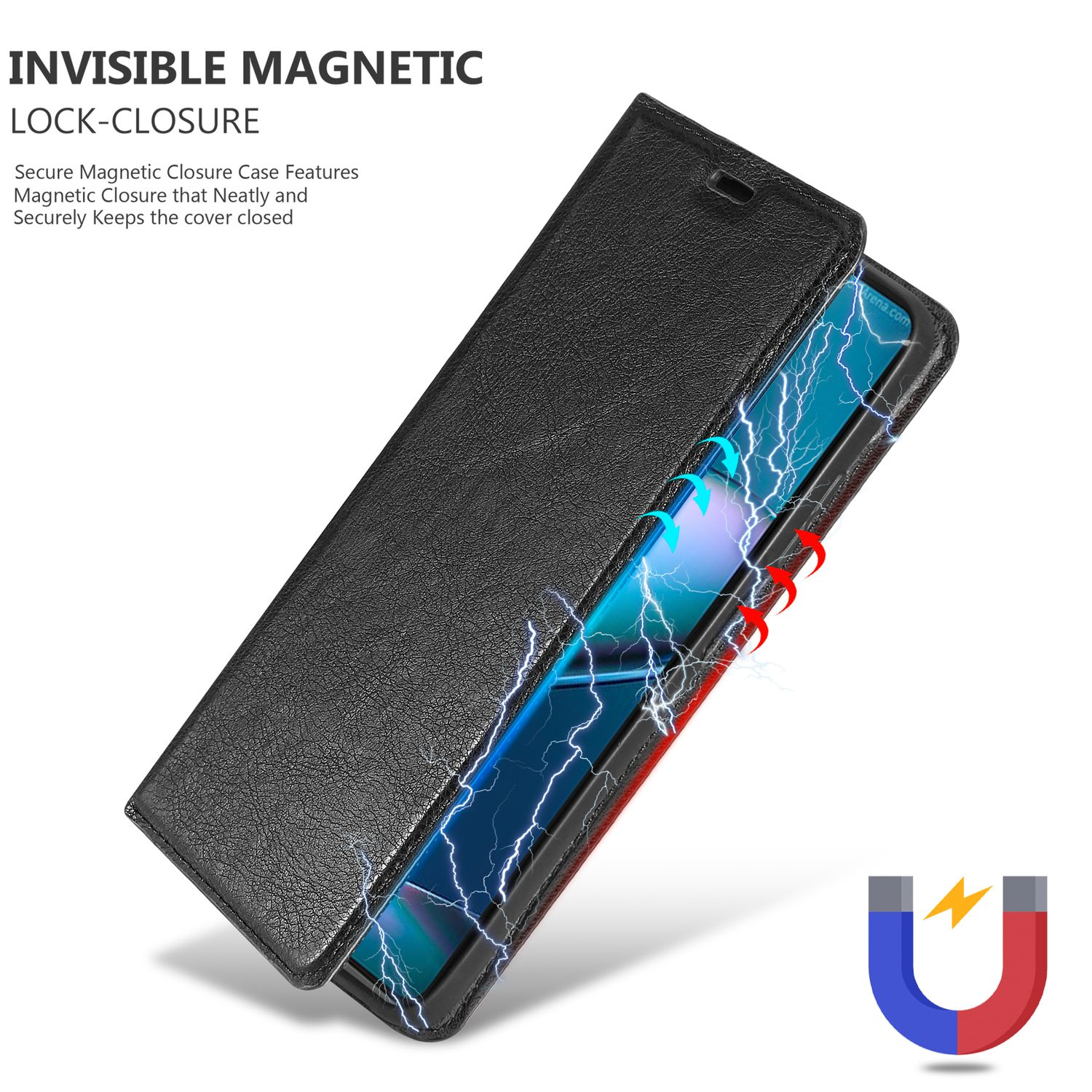 Custodia per telefono nera aperta, che mostra uno schermo del telefono con grafica a fulmine. C'è un magnete.