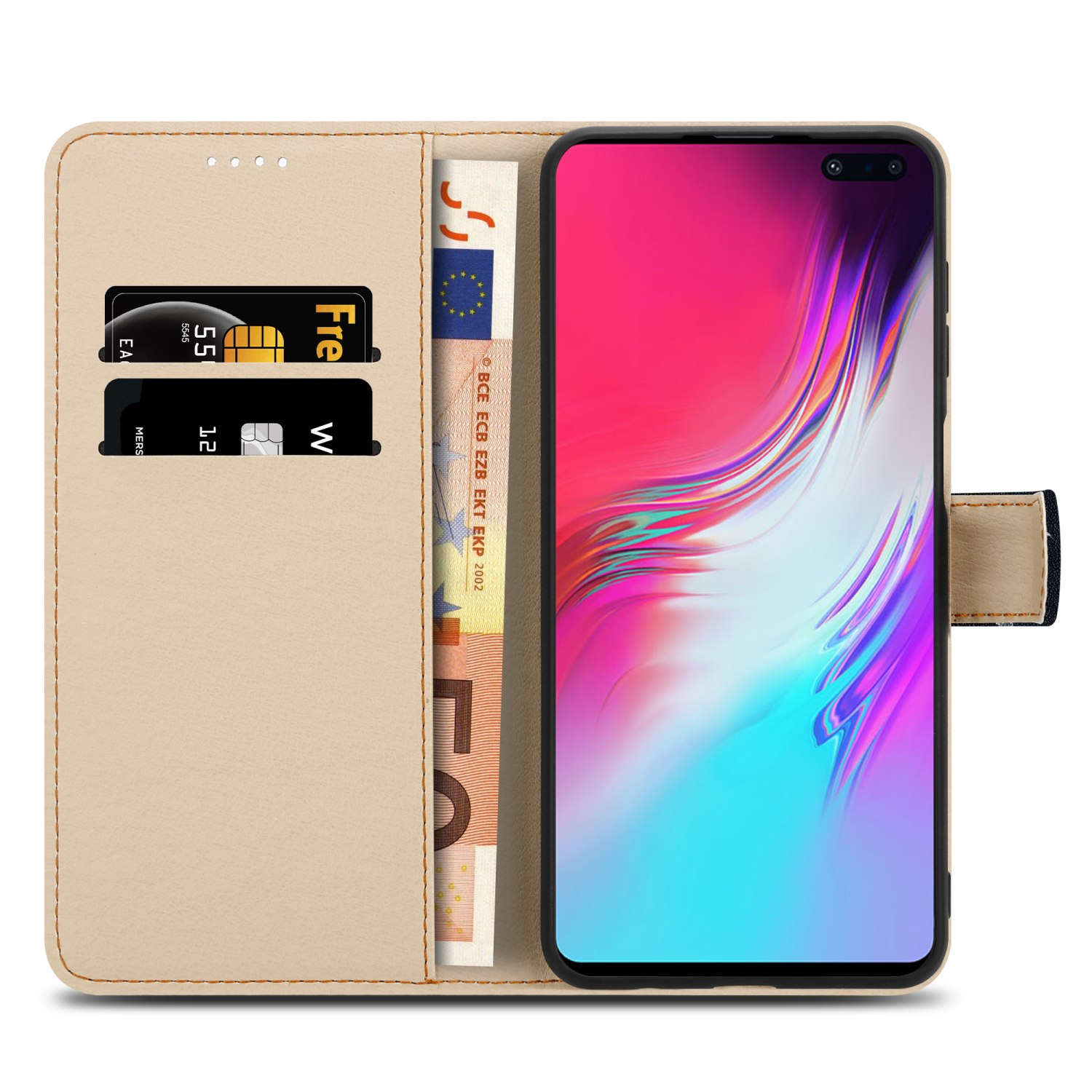 Portafoglio beige per telefono con telefono, carte e denaro. Portafoglio compatto con fessura per carte.