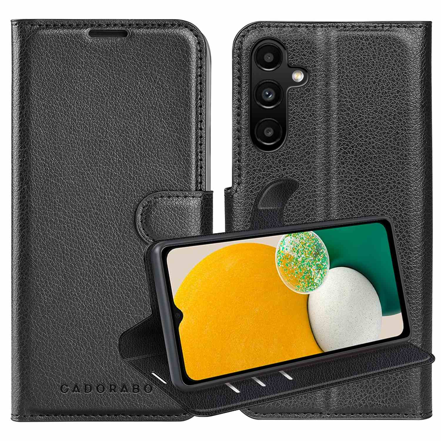 Schwarze Handyhülle mit Telefon darin. Das Telefon zeigt ein Bild an. Die Hülle ist offen und steht.