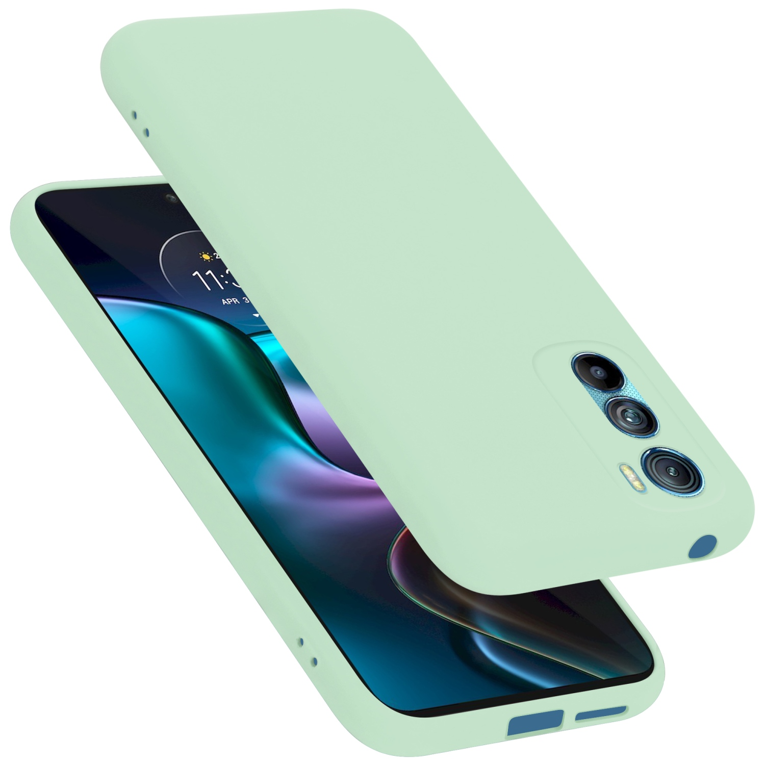 Mintgrüne Handyhülle, die das Telefon darin zeigt. Weißer Hintergrund.