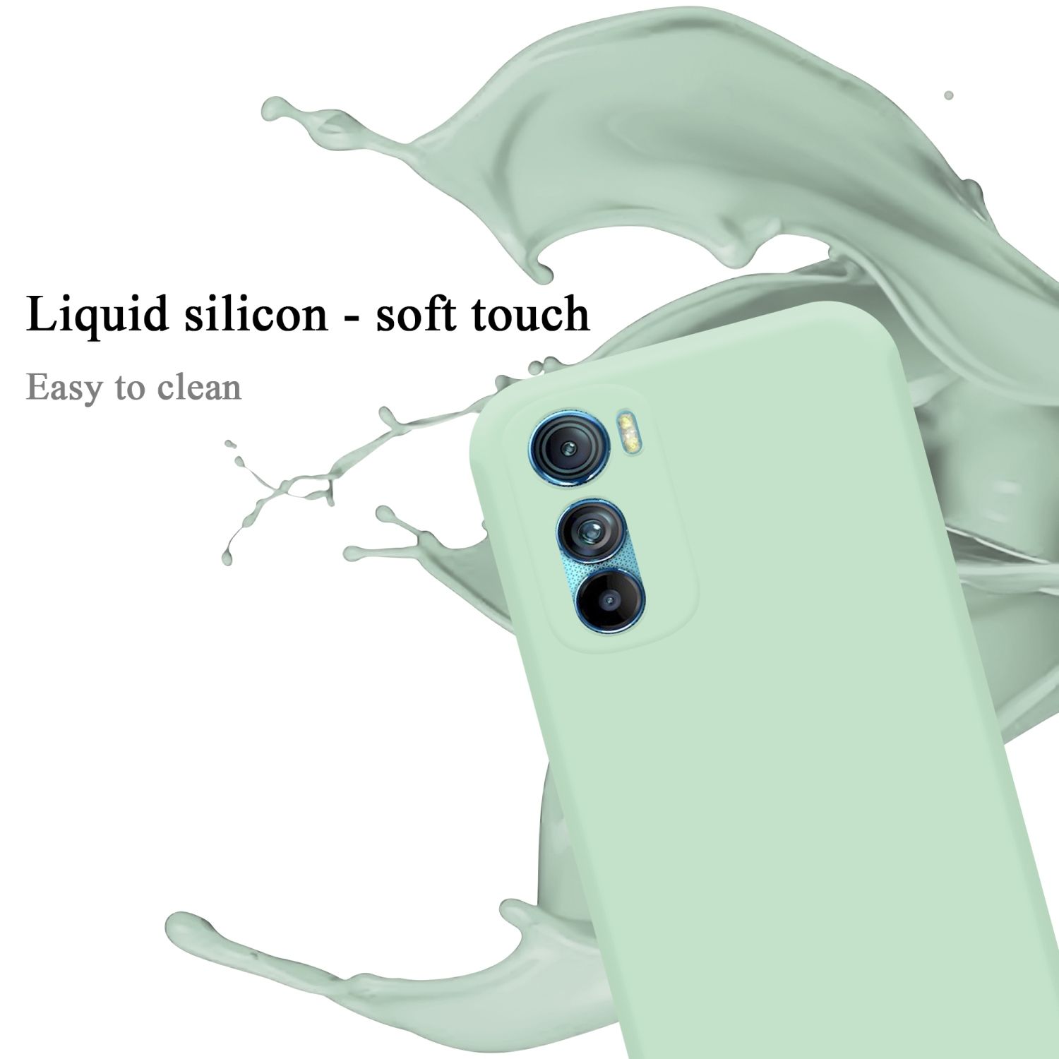 Mintgrüne Handyhülle mit Spritzer und Kameradetail. Text: Flüssiges Silikon, Soft-Touch, leicht zu reinigen.