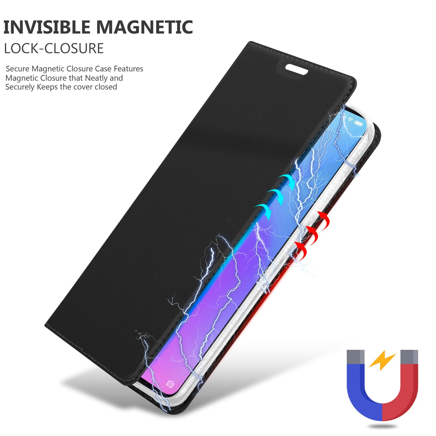 Custodia per telefono nera con chiusura magnetica. Lo schermo del telefono mostra uno sfondo colorato con effetto fulmine.