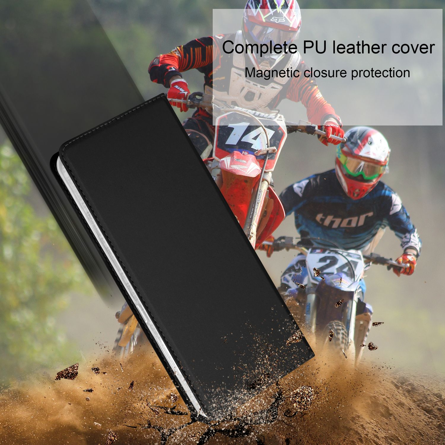 Custodia per telefono nera con due motociclisti sullo sfondo che sollevano polvere.