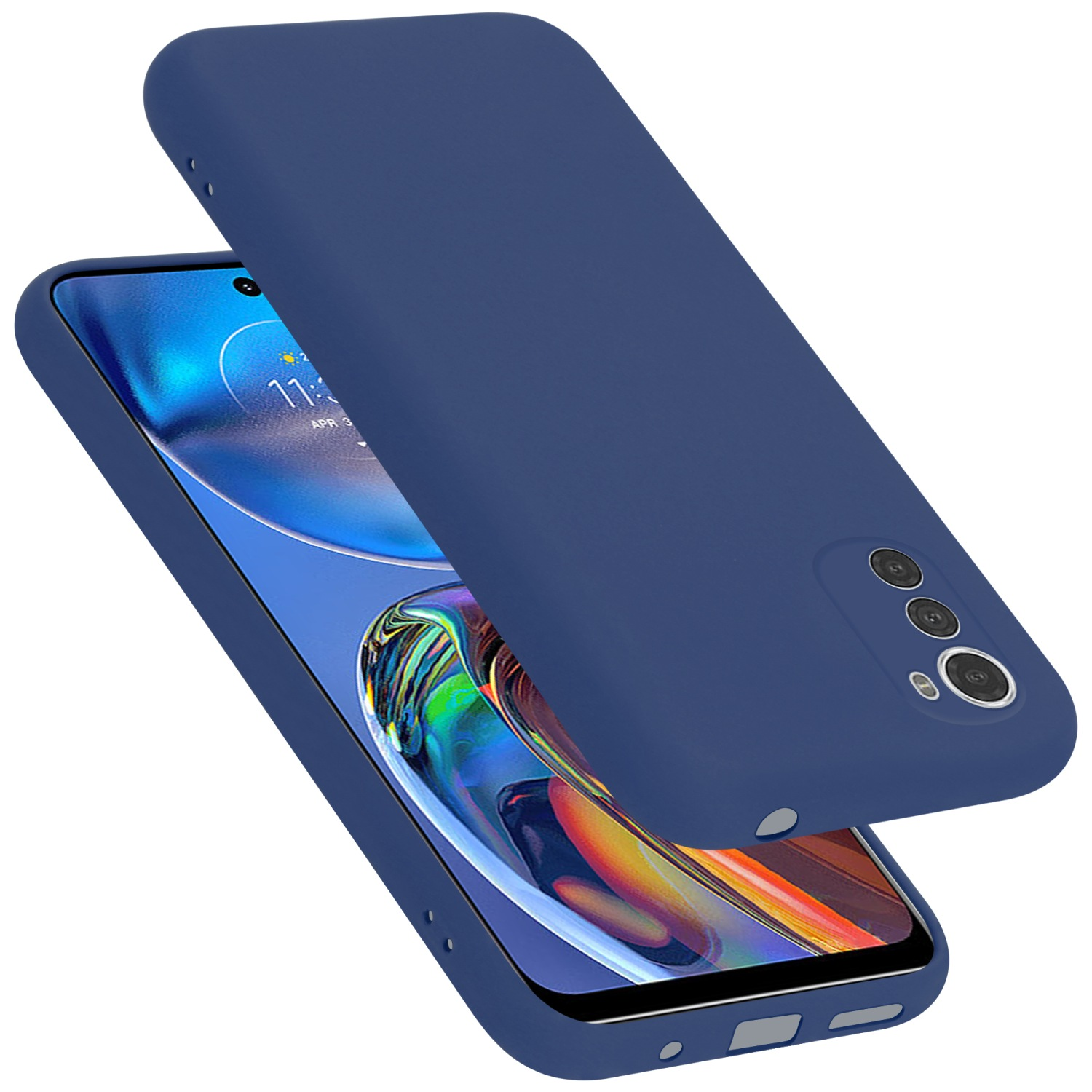 Blaue Handyhülle und Telefon. Das Telefon befindet sich in der Hülle. Die Hülle ist blau.