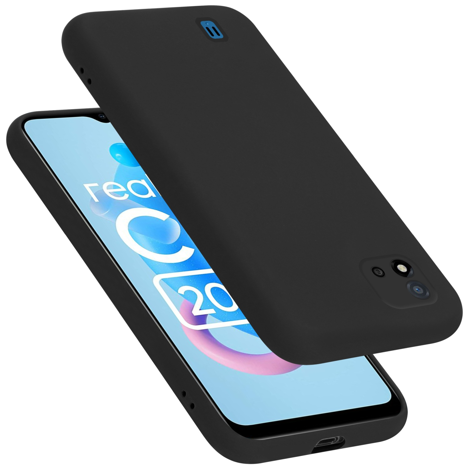 Schwarze Handyhülle mit Handy innen. Die Hülle ist offen. Das Handy hat einen weiß-blauen Bildschirm.