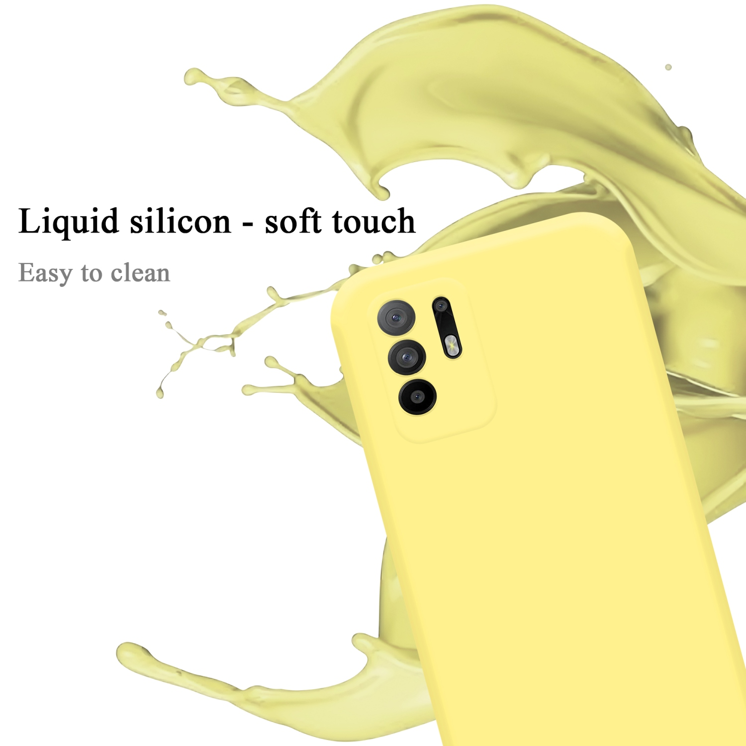 Gelbes Telefon mit Kamera. Gelber Flüssigkeitsspritzer ist rechts. Text: Flüssiges Silikon, Soft-Touch.