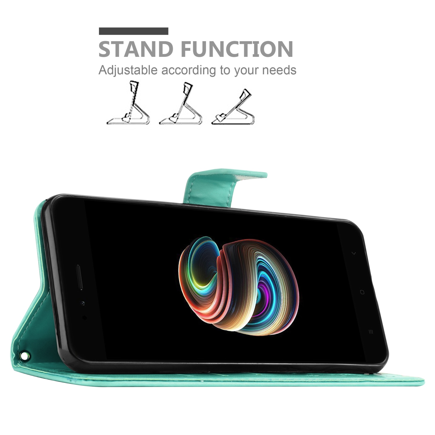 Custodia turchese con funzione stand, che tiene un telefono con schermo colorato. Immagini della funzione stand.