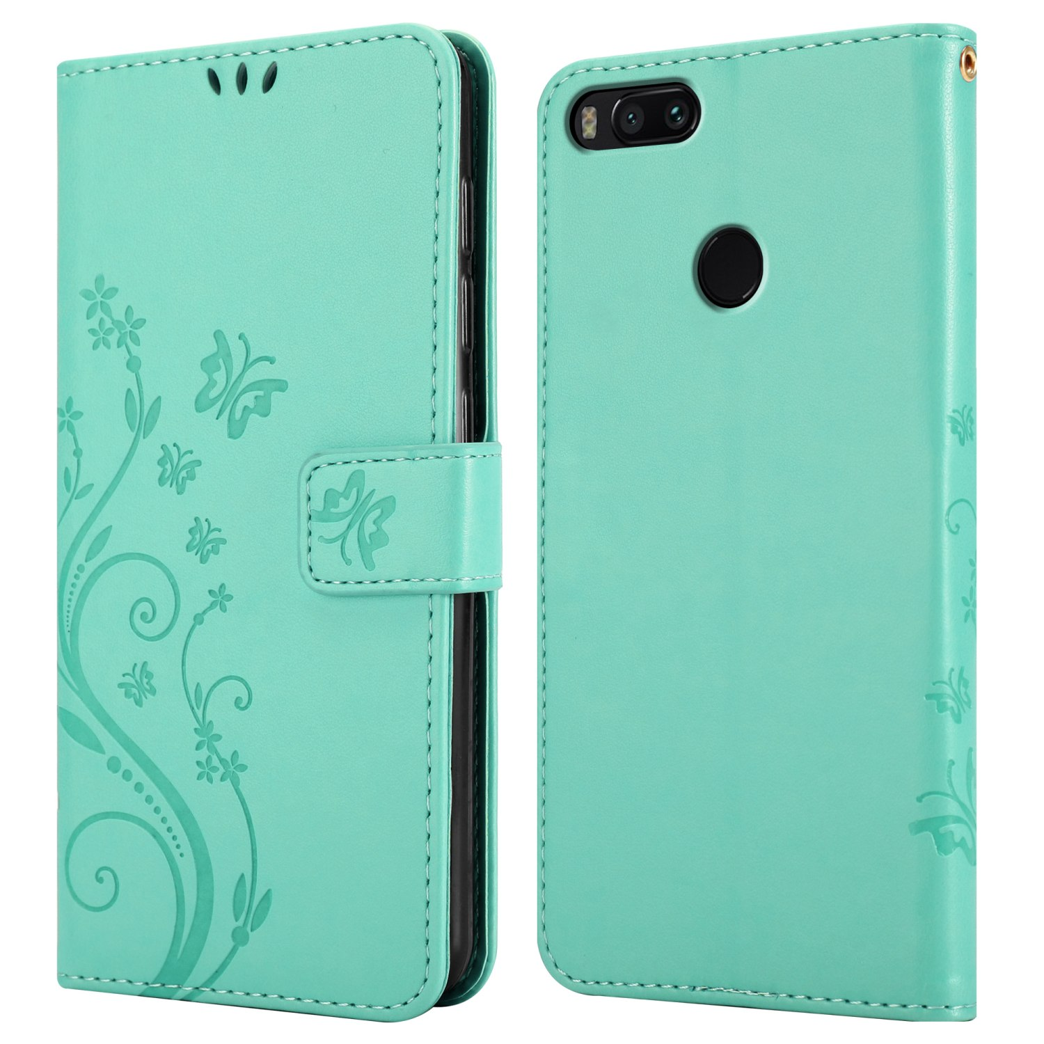 Una custodia per telefono verde acqua, con un motivo floreale e una chiusura magnetica, aperta e chiusa.