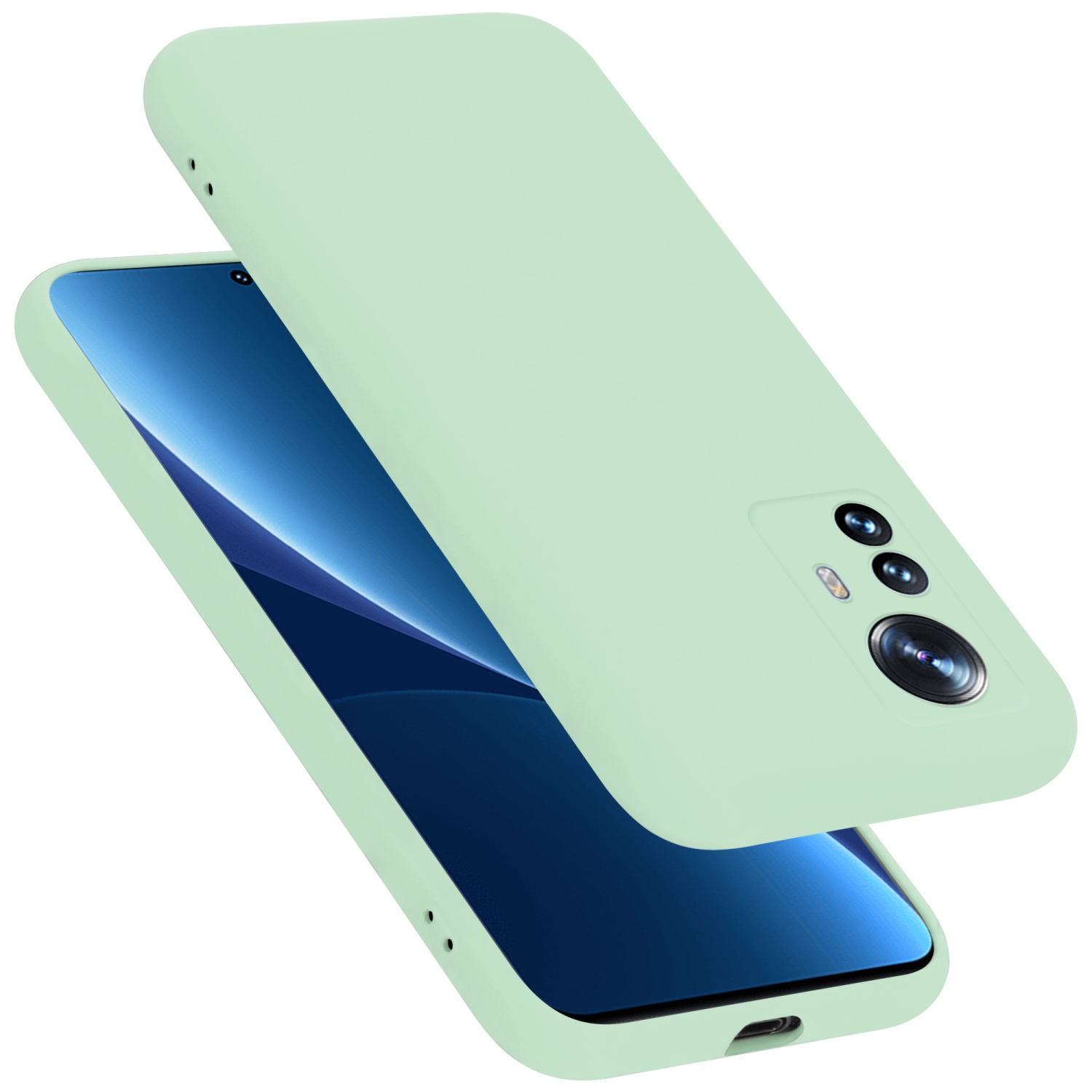 Minzgrüne Handyhülle mit Telefon. Minzgrüne Hülle, Telefon mit Bildschirm, schräge Ansicht.