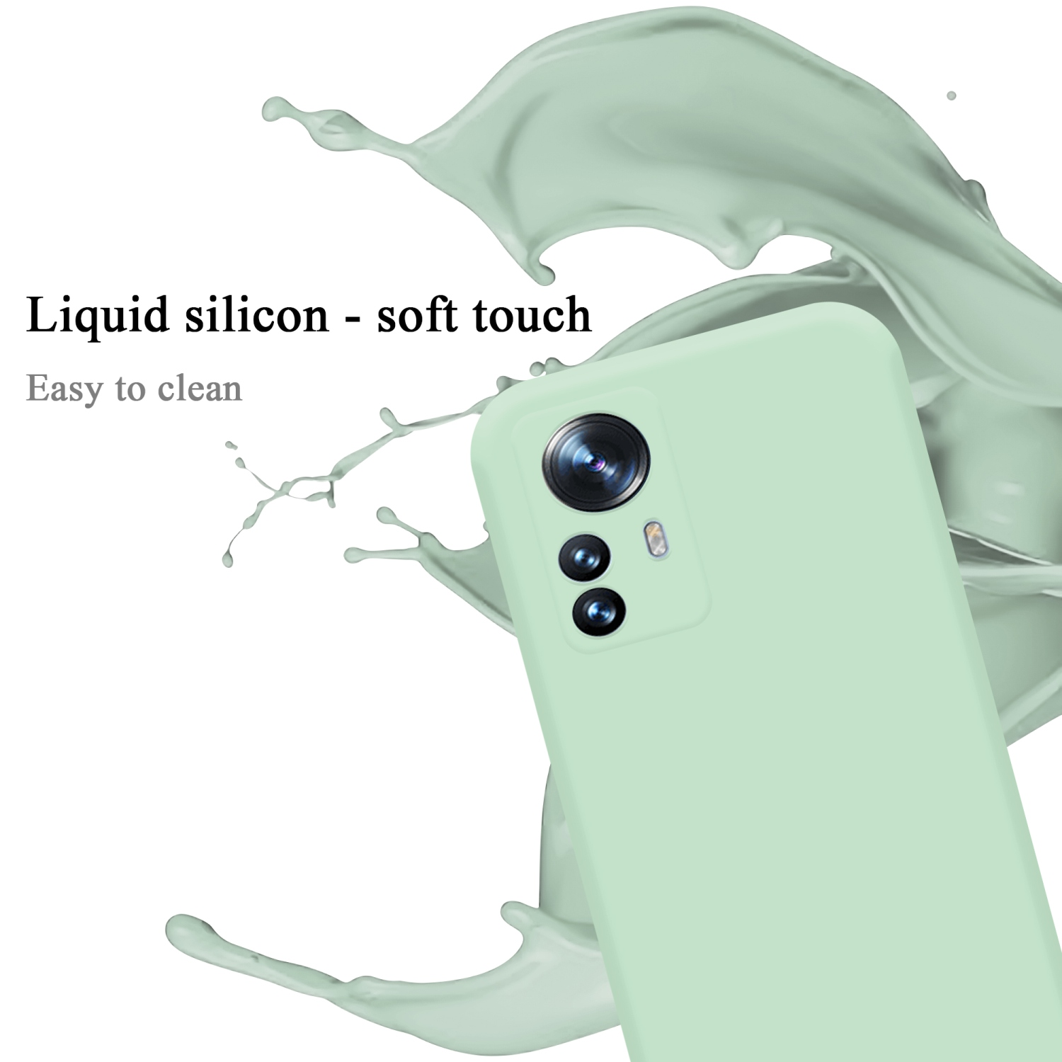 Ein mintgrünes Telefon mit Kamera. Der Hintergrund hat Flüssigkeitsspritzer.