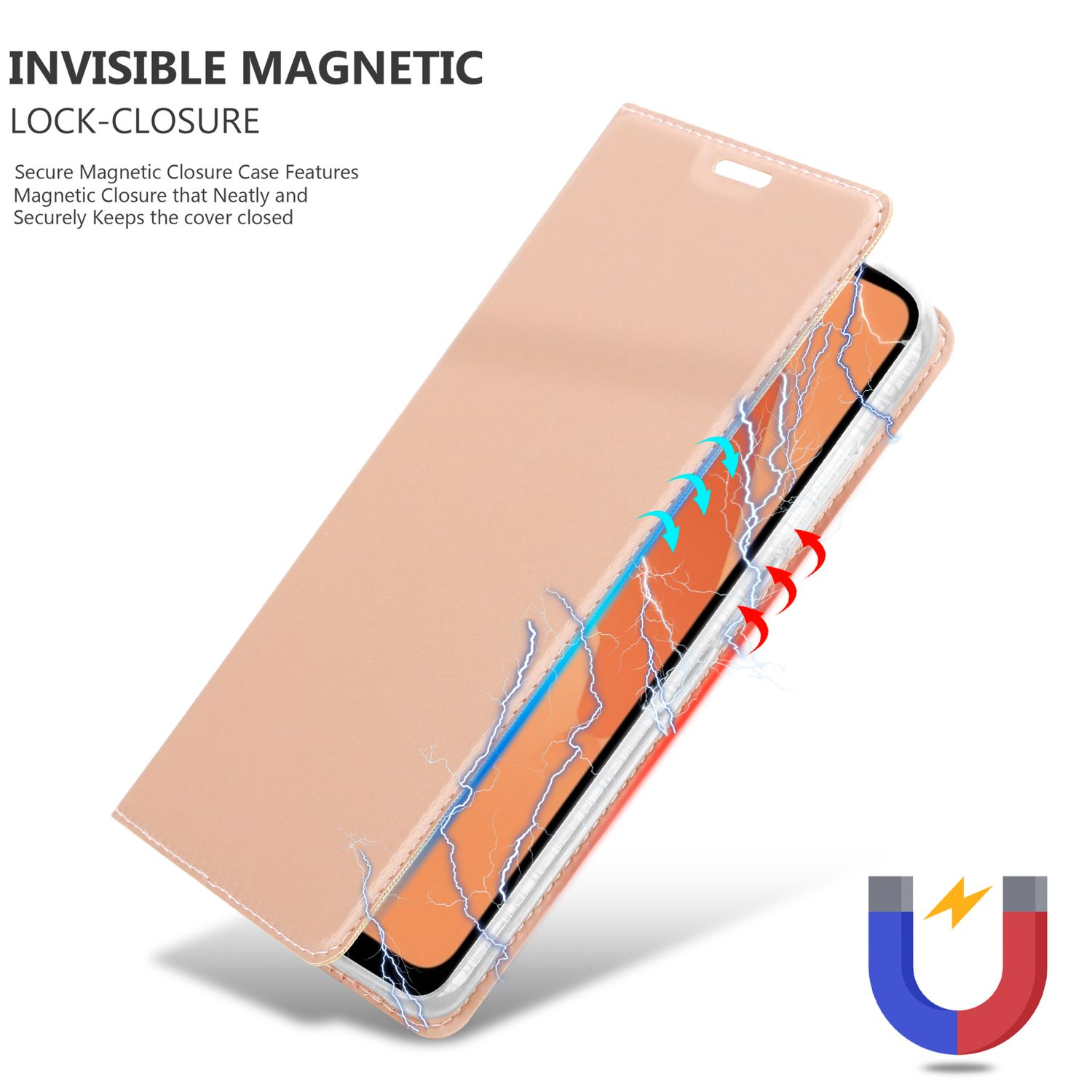 Beige Handyhülle mit unsichtbarem Magnetverschluss, Blitzeffekt und U-förmigem Magneten.