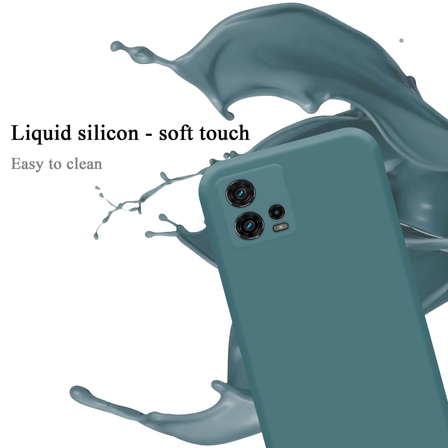 Custodia del telefono verde acqua con due fotocamere e uno spruzzo di liquido verde acqua. Il testo dice 'silicone liquido'.