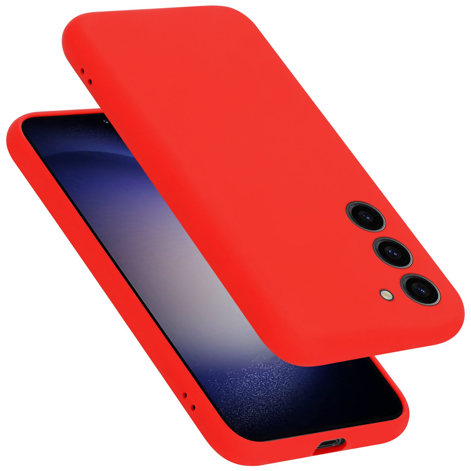 Custodia rossa per telefono con un telefono all'interno. La custodia copre il telefono. Sfondo bianco.