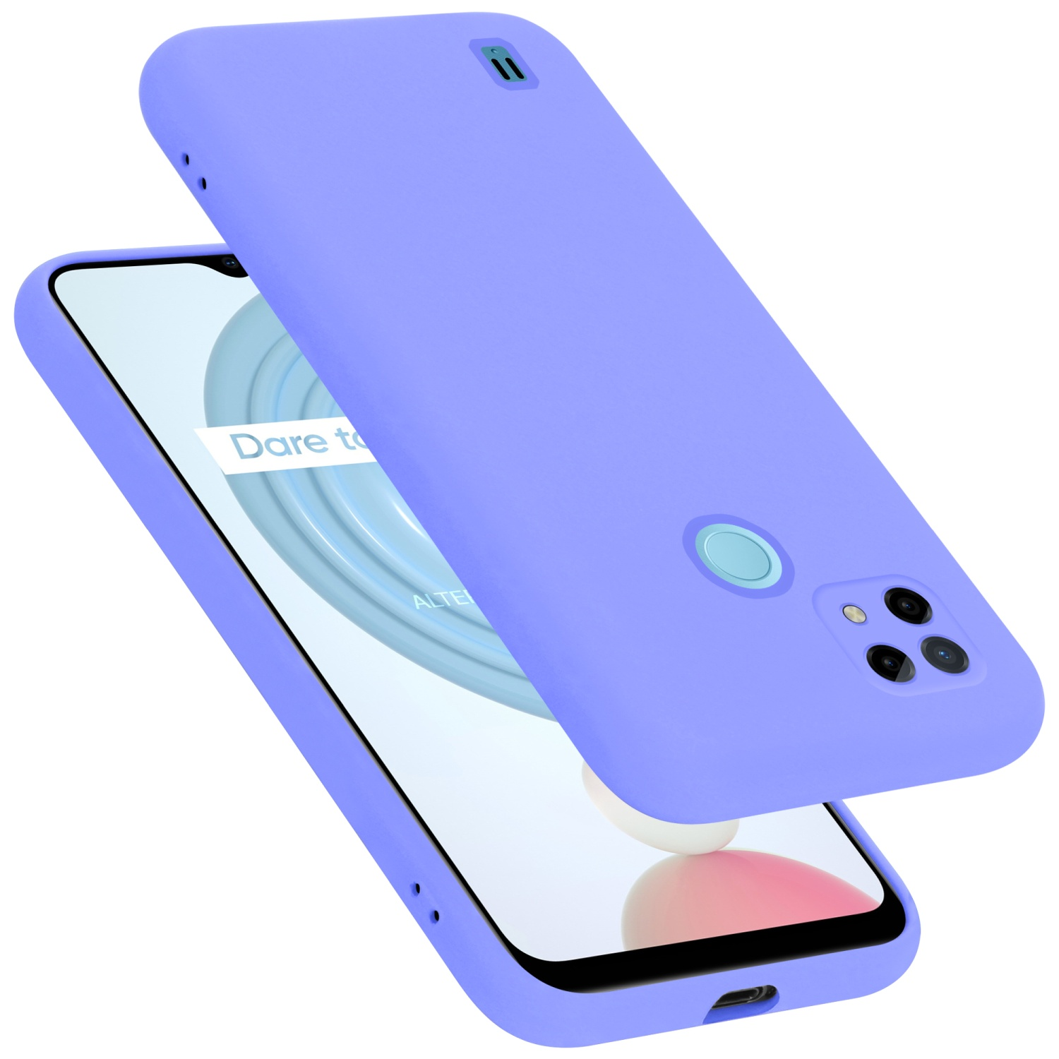Lila Handyhülle mit lila Telefon. Die Handyhülle ist geöffnet.