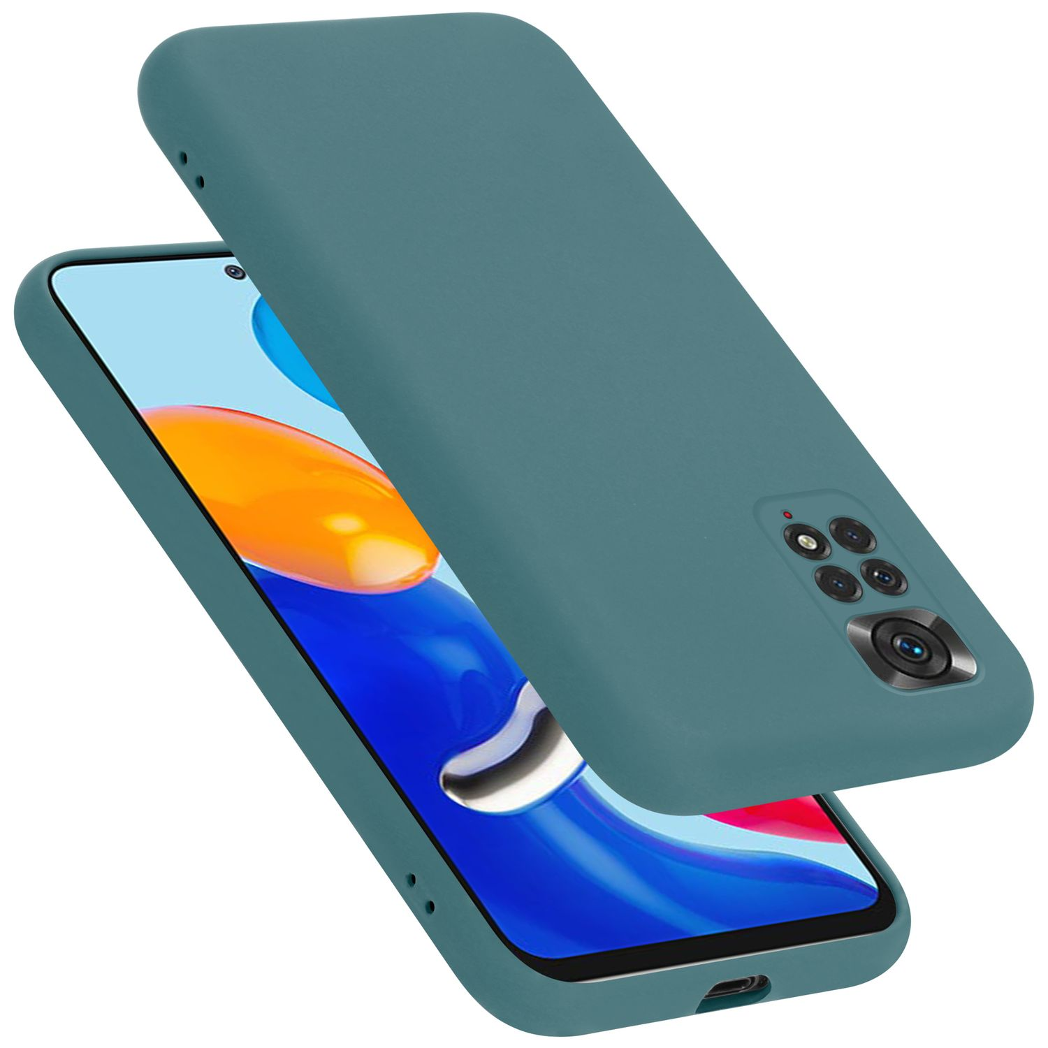 Türkisfarbene Handyhülle über einem Telefon, mit einem Bildschirm, der ein orangefarbenes und blaues Design zeigt.