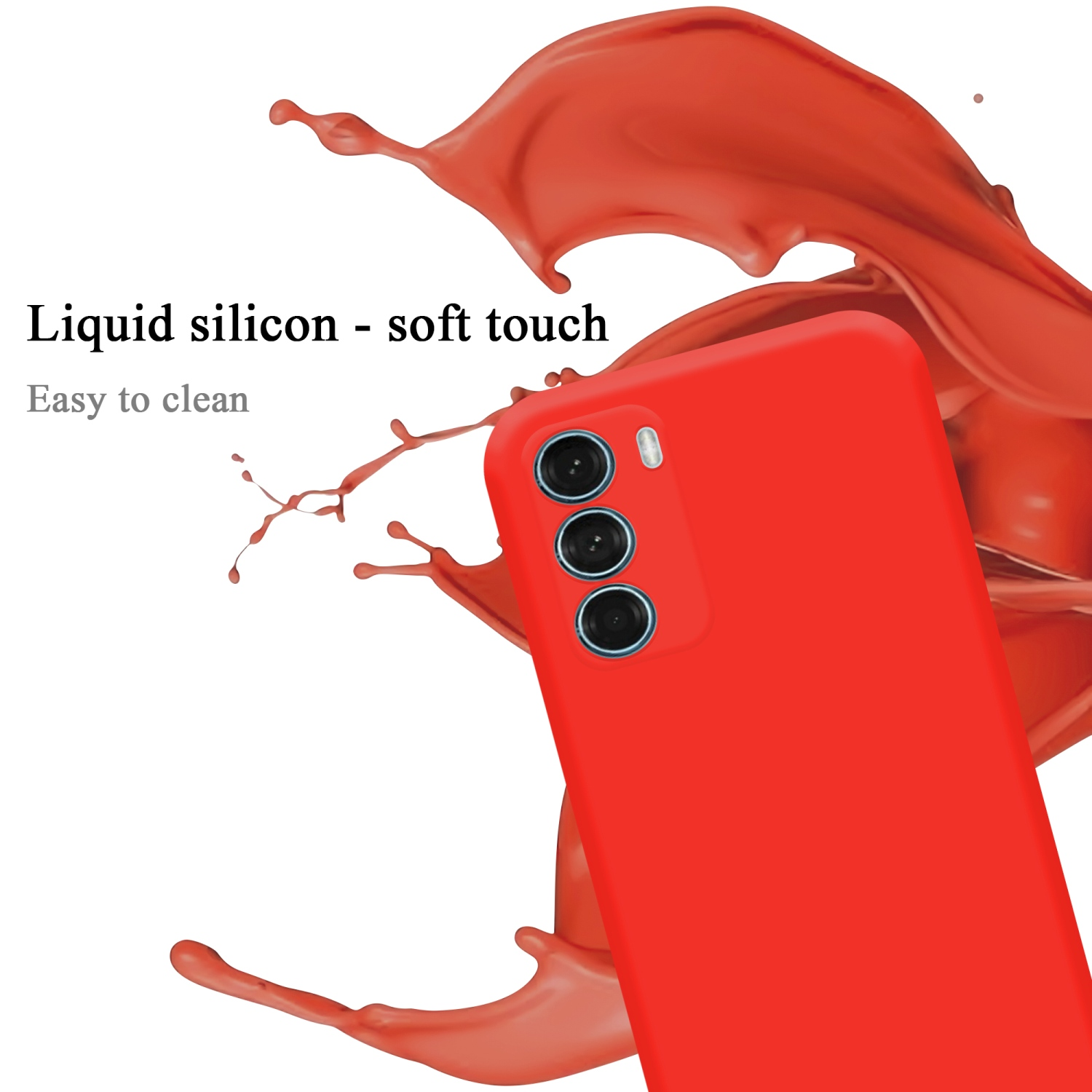 Rote Handyhülle mit Spritzeffekt. Der Text lautet: Flüssiges Silikon, Soft-Touch, leicht zu reinigen. Kameradetails sichtbar.