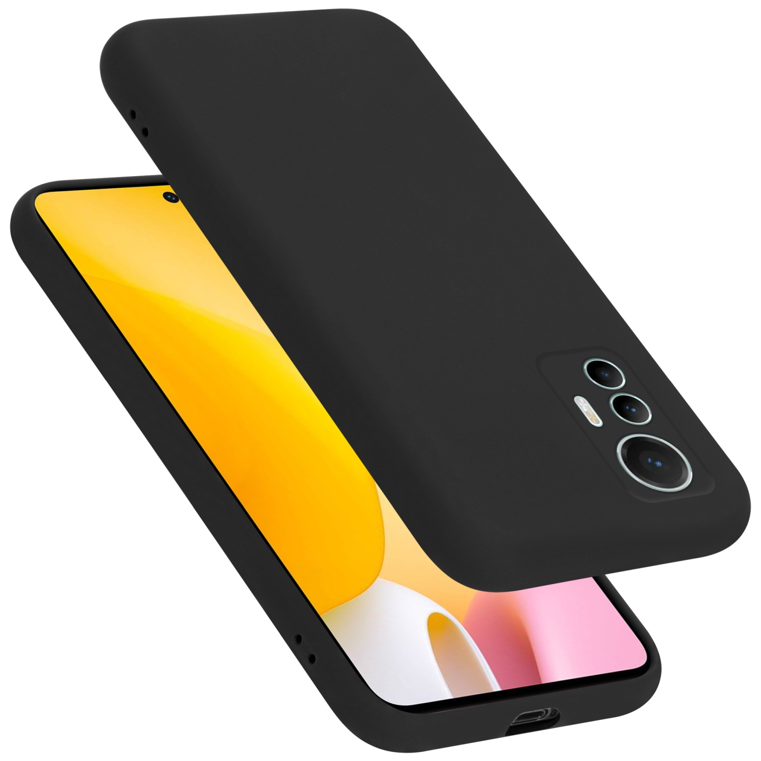 Schwarze Handyhülle mit passendem Handybildschirm. Hülle ist teilweise geöffnet und zeigt das Telefon.