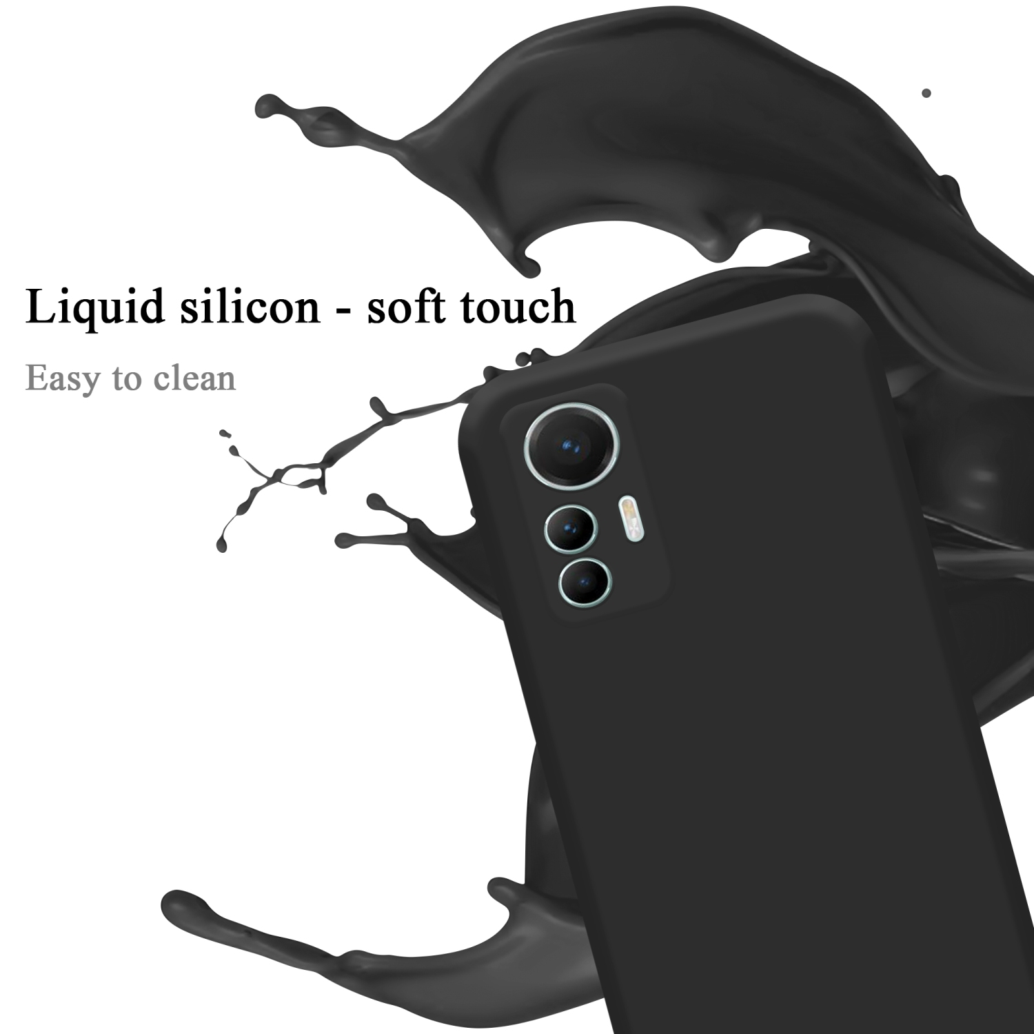 Eine schwarze Handyhülle mit einem schwarzen Flüssigkeitsspritzer. Das Telefon hat drei Kameras.