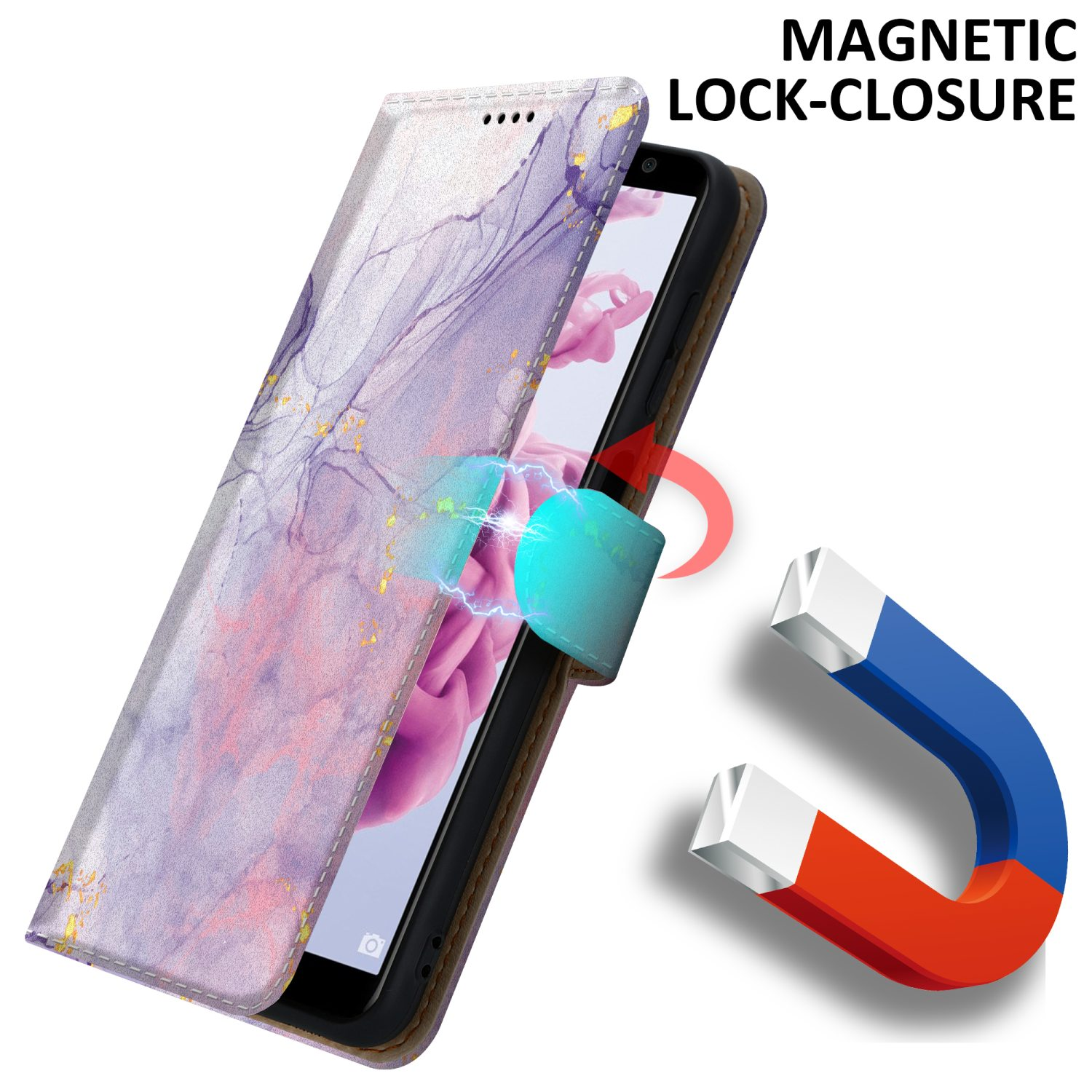 Handyhülle mit Magnetverschluss. Die Hülle ist geöffnet und zeigt ein Telefon. Ein Magnet wird zum Schließen verwendet.