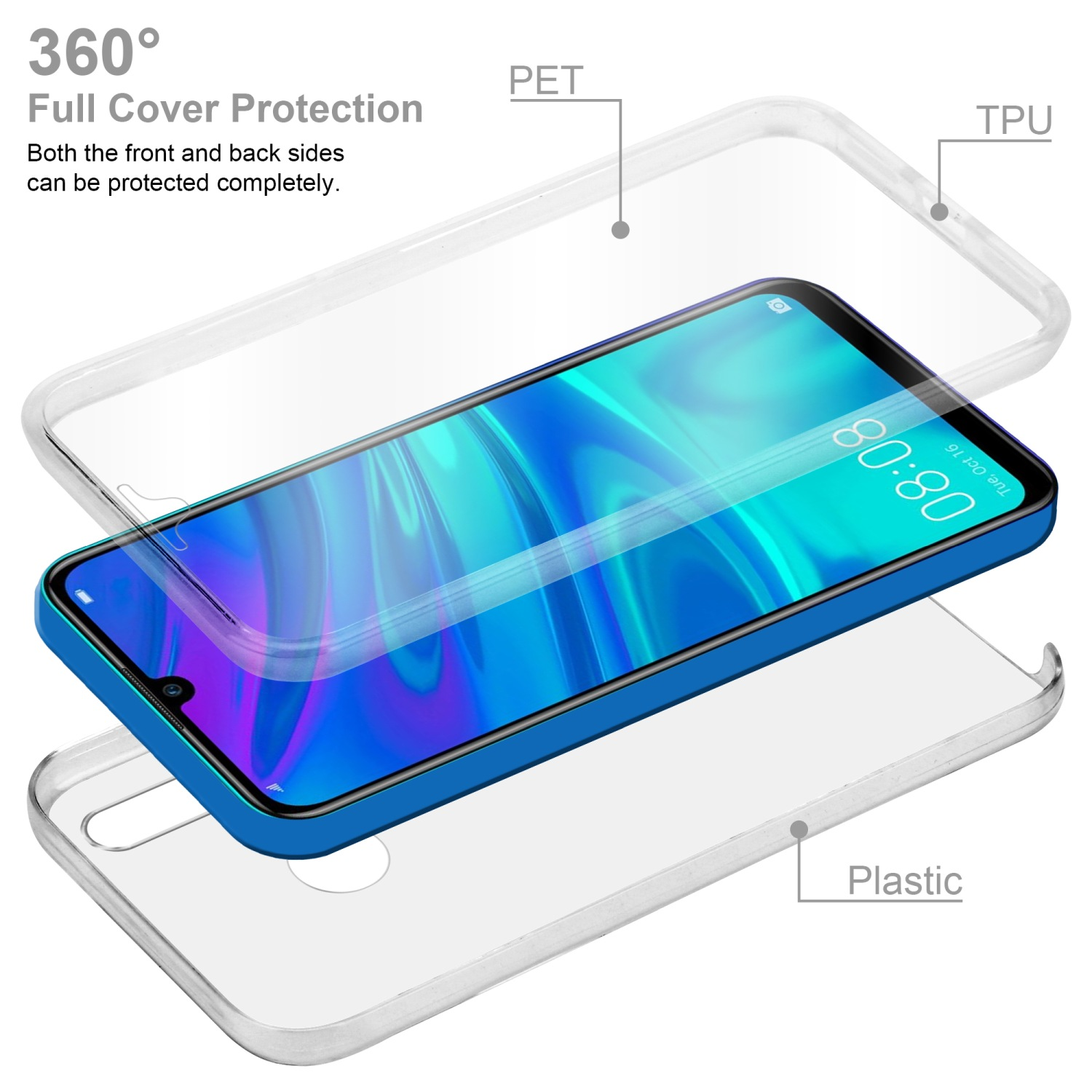 Un telefono è tenuto all'interno di una custodia protettiva trasparente, con etichette PET e TPU. Lo schermo visualizza l'ora: 08:08.