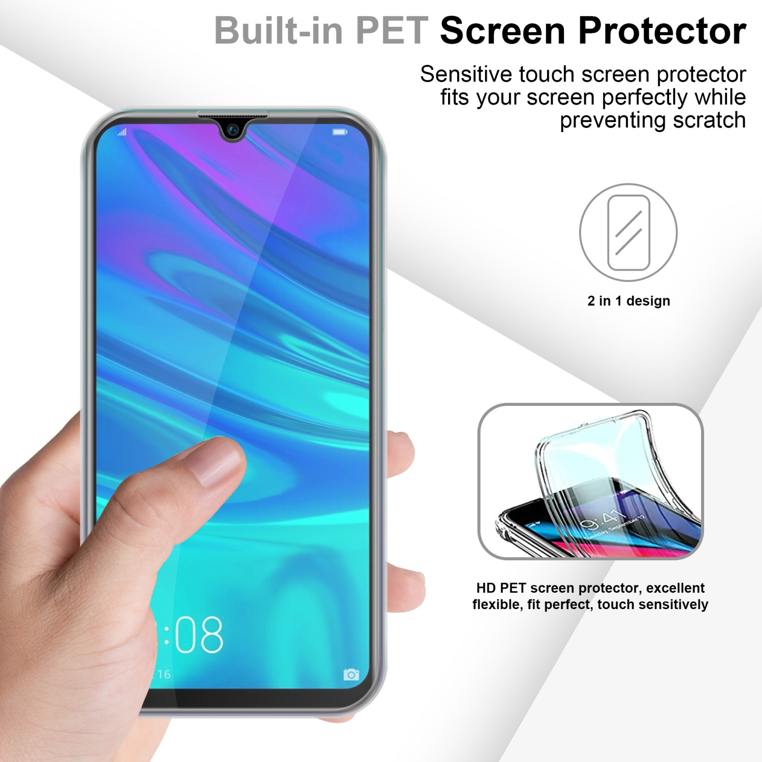 Mano di una persona che tiene un telefono con una protezione per lo schermo. Testo: Protezione schermo PET integrata.