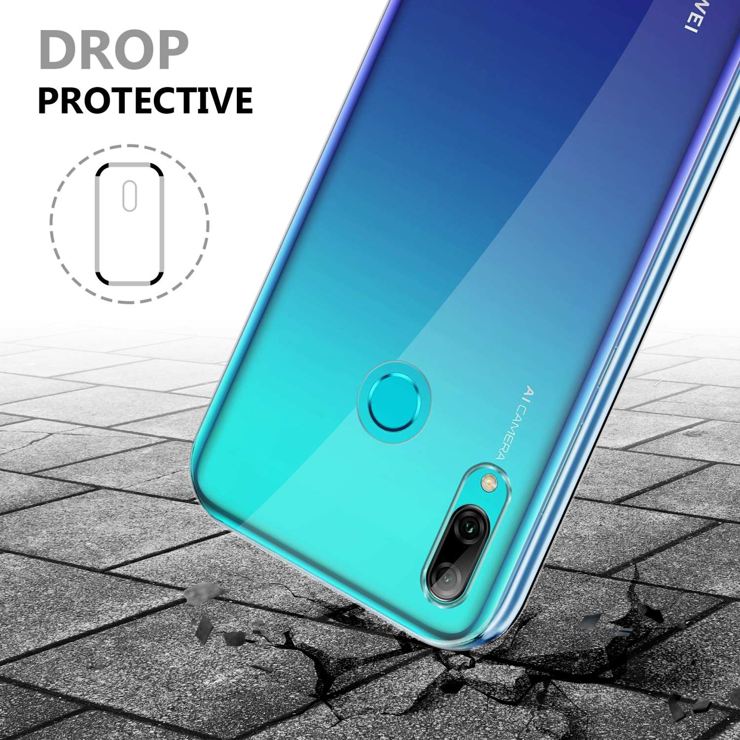 Viene mostrata una custodia per telefono, con vista sulla fotocamera di un telefono, con il testo 'Drop Protective', su un pavimento di pietra.