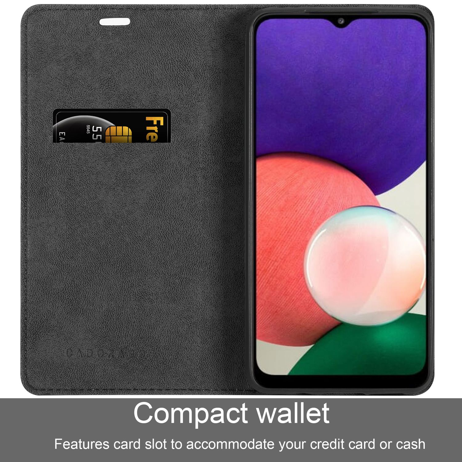 Schwarzes Telefon-Portemonnaie mit Kartenfach und Telefon. Weißer Hintergrund.